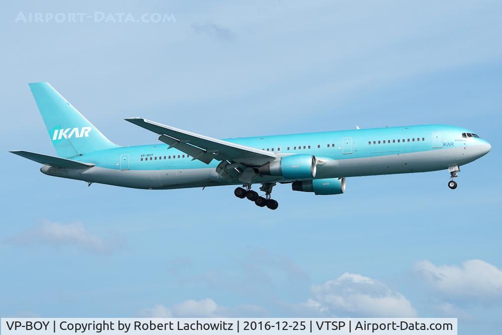 VP-BOY, 1998 Boeing 767-3G5/ER C/N 29435, The light blue Ikar (the former famous light blue Pegas) arriving at HKT on a charter flight from Russia.