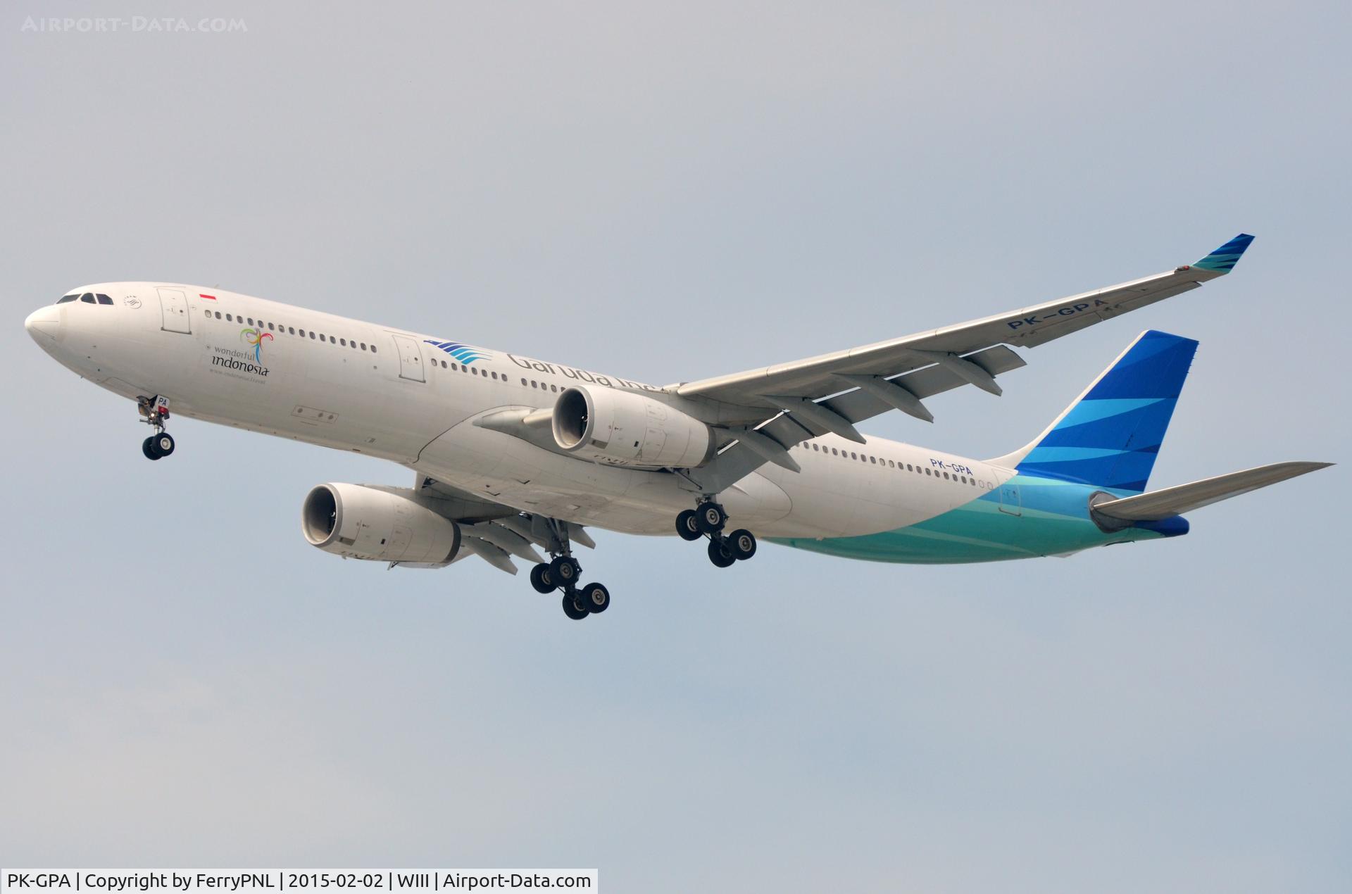 PK-GPA, 1996 Airbus A330-341 C/N 138, Garuda A333 landing at its base