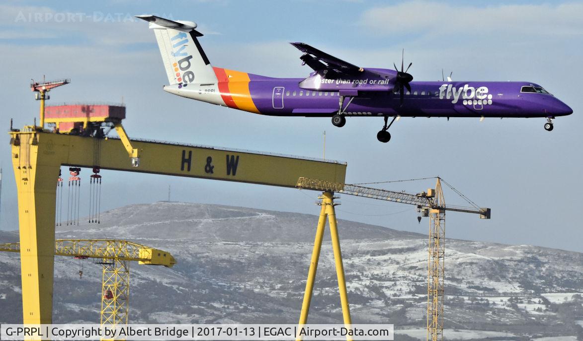 G-PRPL, 2011 Bombardier DHC-8-402 Dash 8 C/N 4380, Flybe G-PRPL, at Belfast City, arriving from London City.
