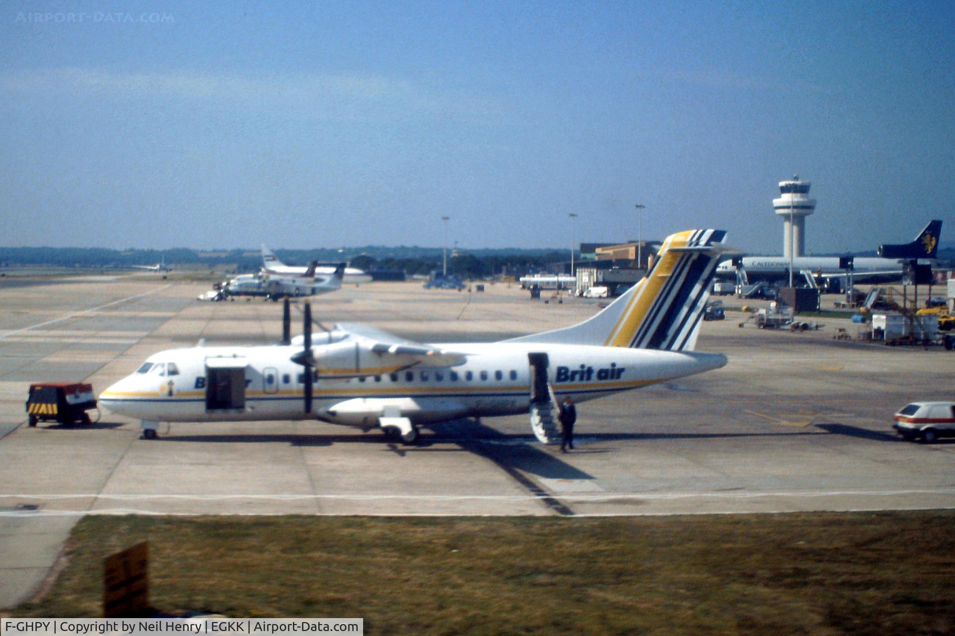 F-GHPY, 1992 ATR 42-201 C/N 321, Scanned from original slide taken at London Gatwick Airport - summer 1994.  I was curious why the French registration was on a BritAir plane
