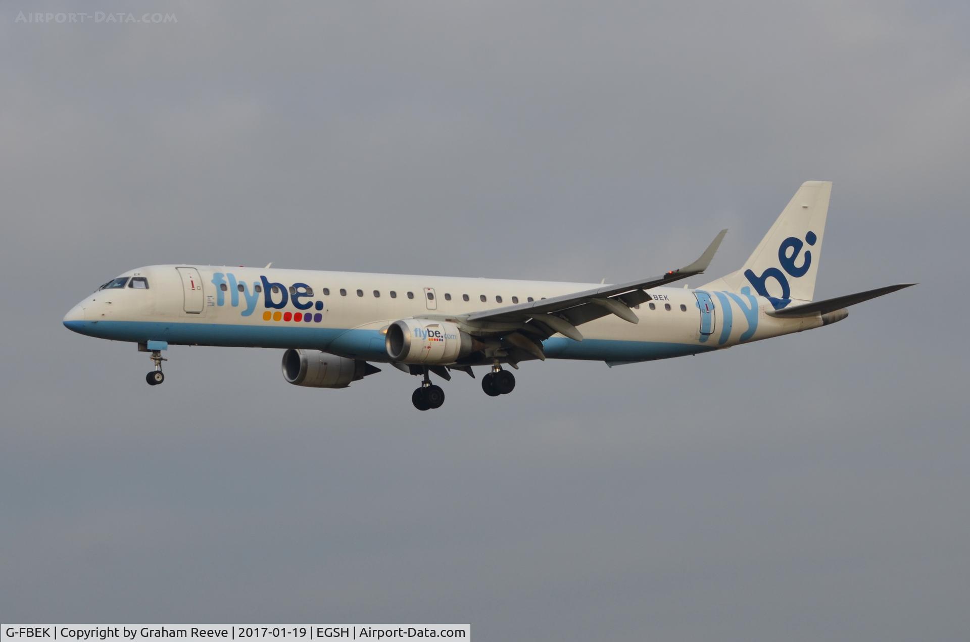 G-FBEK, 2008 Embraer 195LR (ERJ-190-200LR) C/N 19000168, Landing at Norwich.