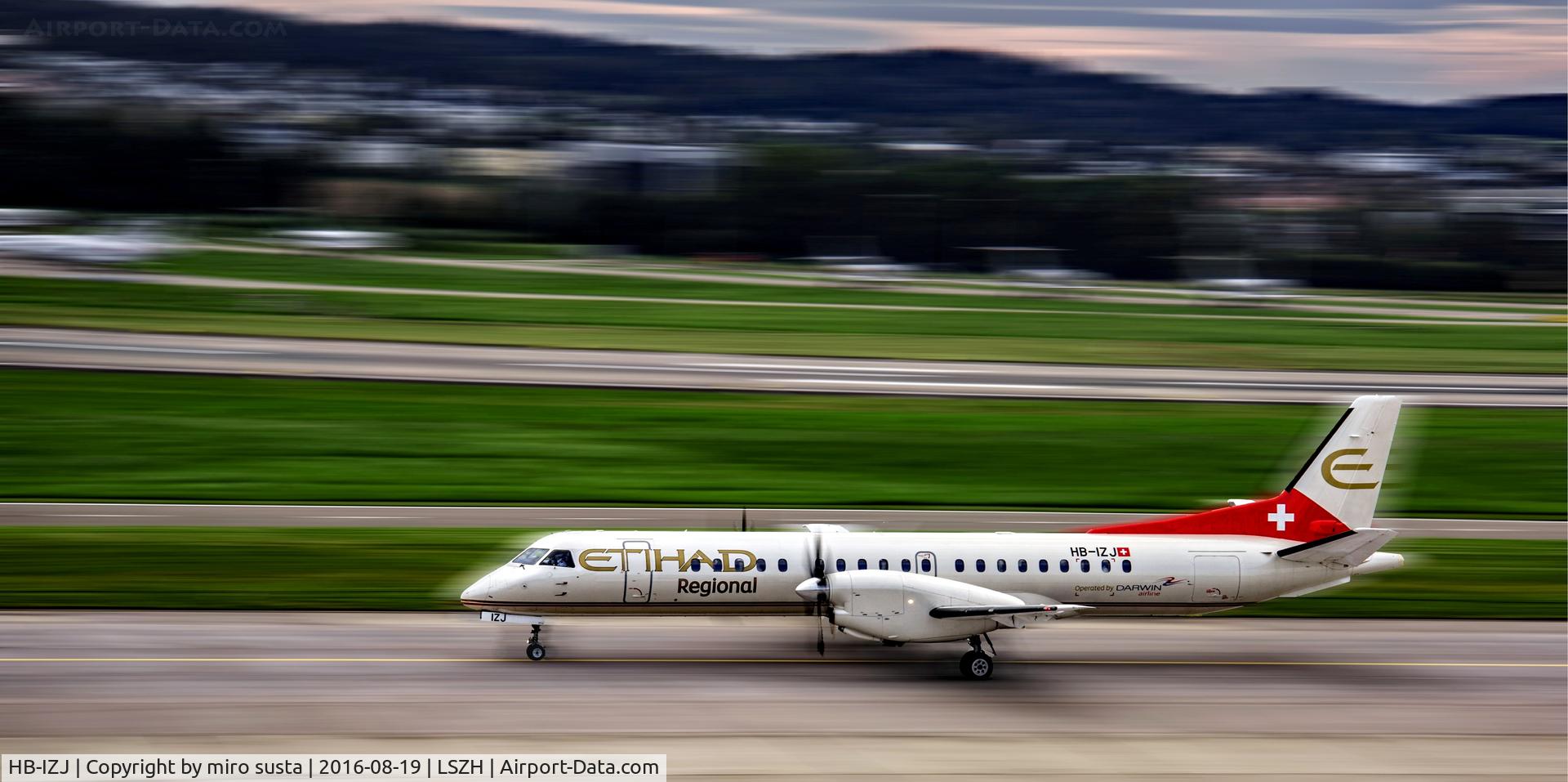 HB-IZJ, 1995 Saab 2000 C/N 2000-015, Etihad Regional Saab 2000 airplane during take off from Zurich-Kloten International Airport.