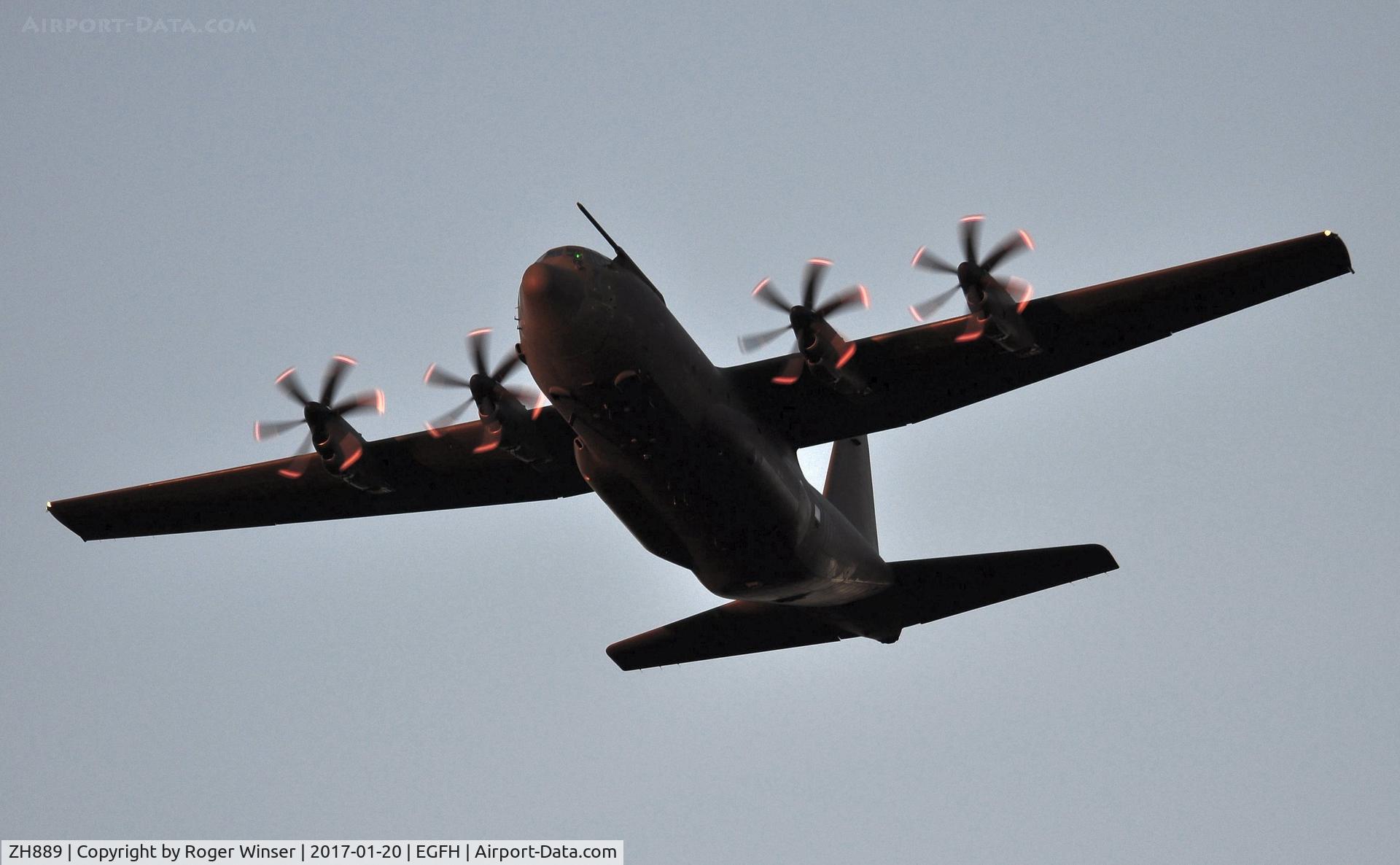 ZH889, 2000 Lockheed Martin C-130J Hercules C.5 C/N 382-5500, Low pass over Runway 22 at dusk by RAF Hercules C.5 aircraft coded 889 of the Brize Norton transport Wing.