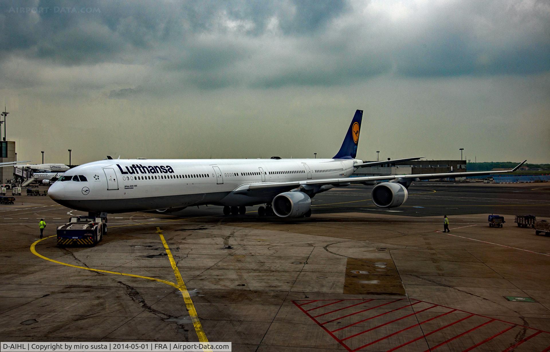 D-AIHL, 2004 Airbus A340-642 C/N 583, Lufthansa Airlines Airbus A340-642 airplane ready for take off from Frankfurt International Airport.