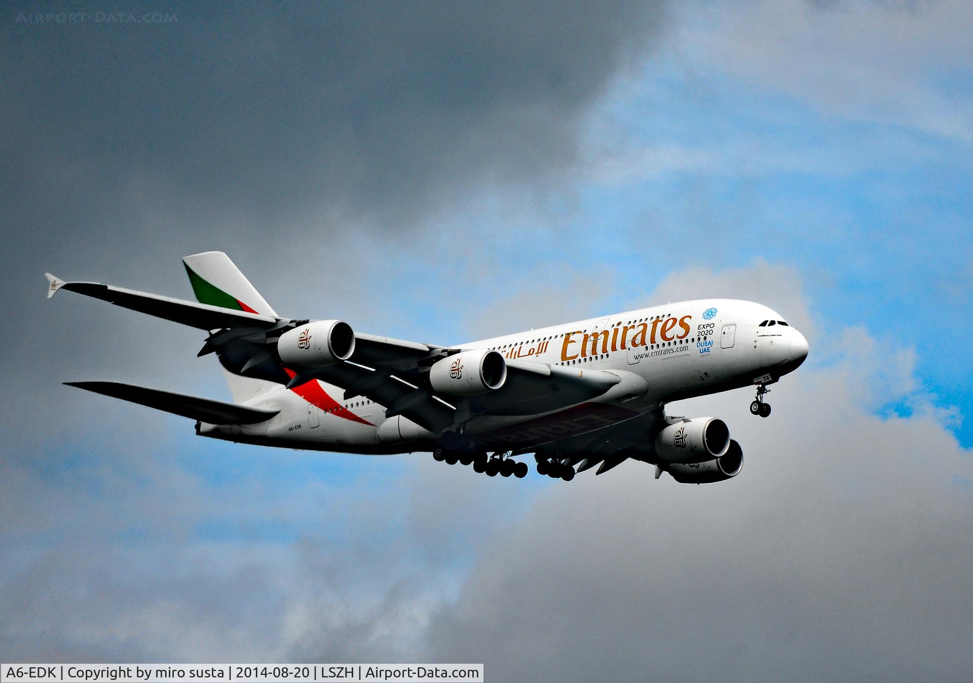 A6-EDK, 2010 Airbus A380-861 C/N 030, Air Emirates Airbus A380-861 airplane approaching Zurich International Airport.