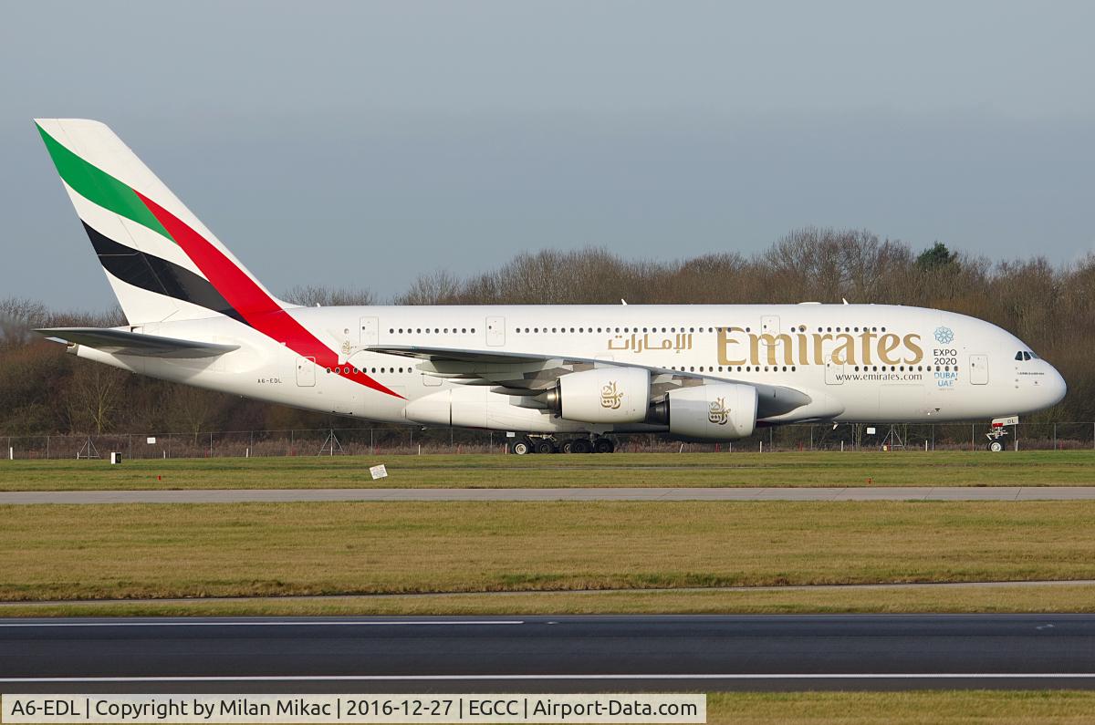 A6-EDL, 2010 Airbus A380-861 C/N 046, EK17 taxies to stand after arrival from Dubai.