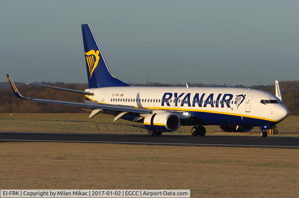 EI-FRK, 2016 Boeing 737-8AS C/N 44735, RYR92GG slows after landing 05R from Malaga (AGP).