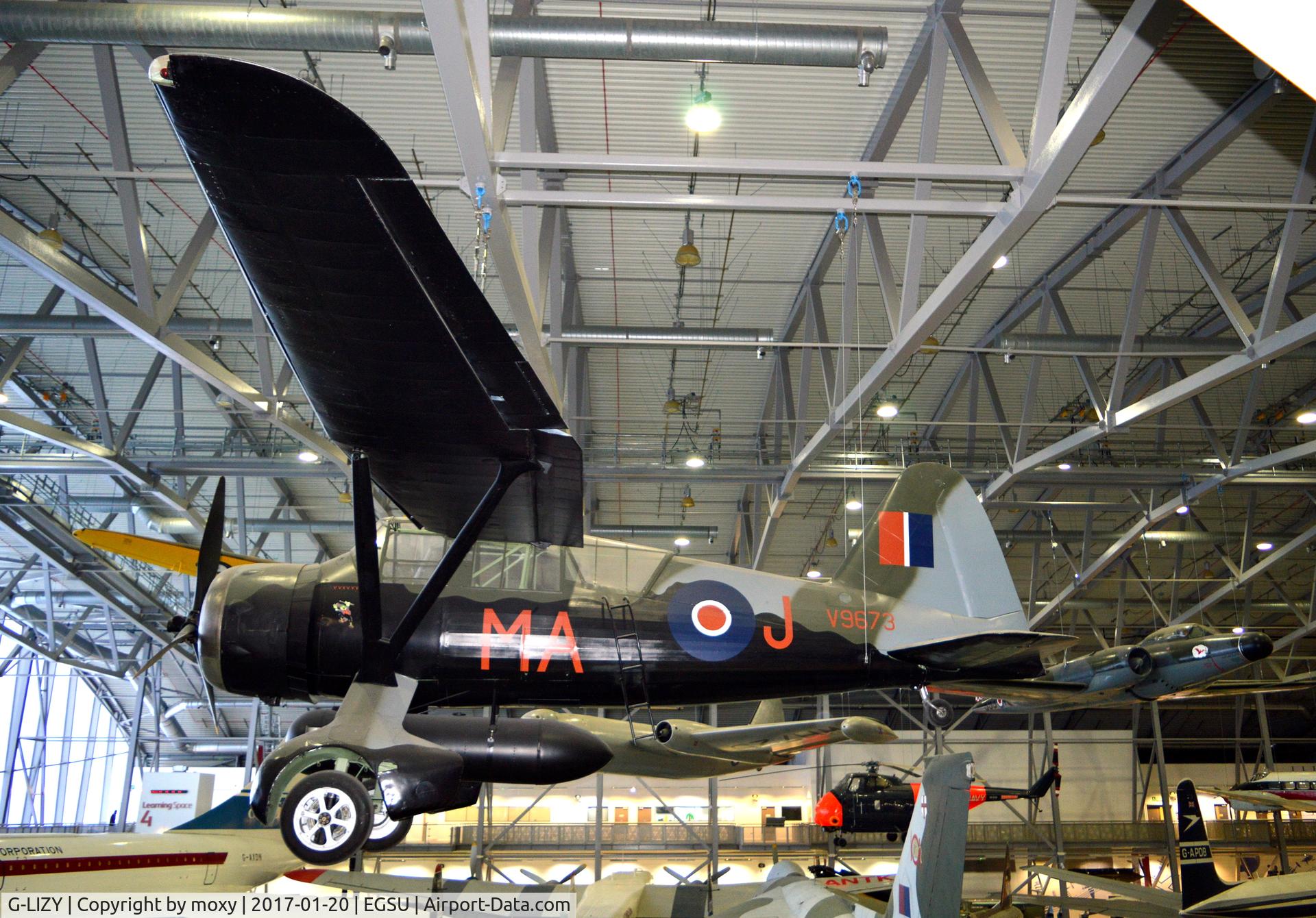 G-LIZY, 1940 Westland Lysander IIIA C/N 504/39, 1940 Westland Lysander IIIA marked as RAF serial V9673 which was shot down in France 11th December 1943. This airframe was actually V9300. On display at Duxford.