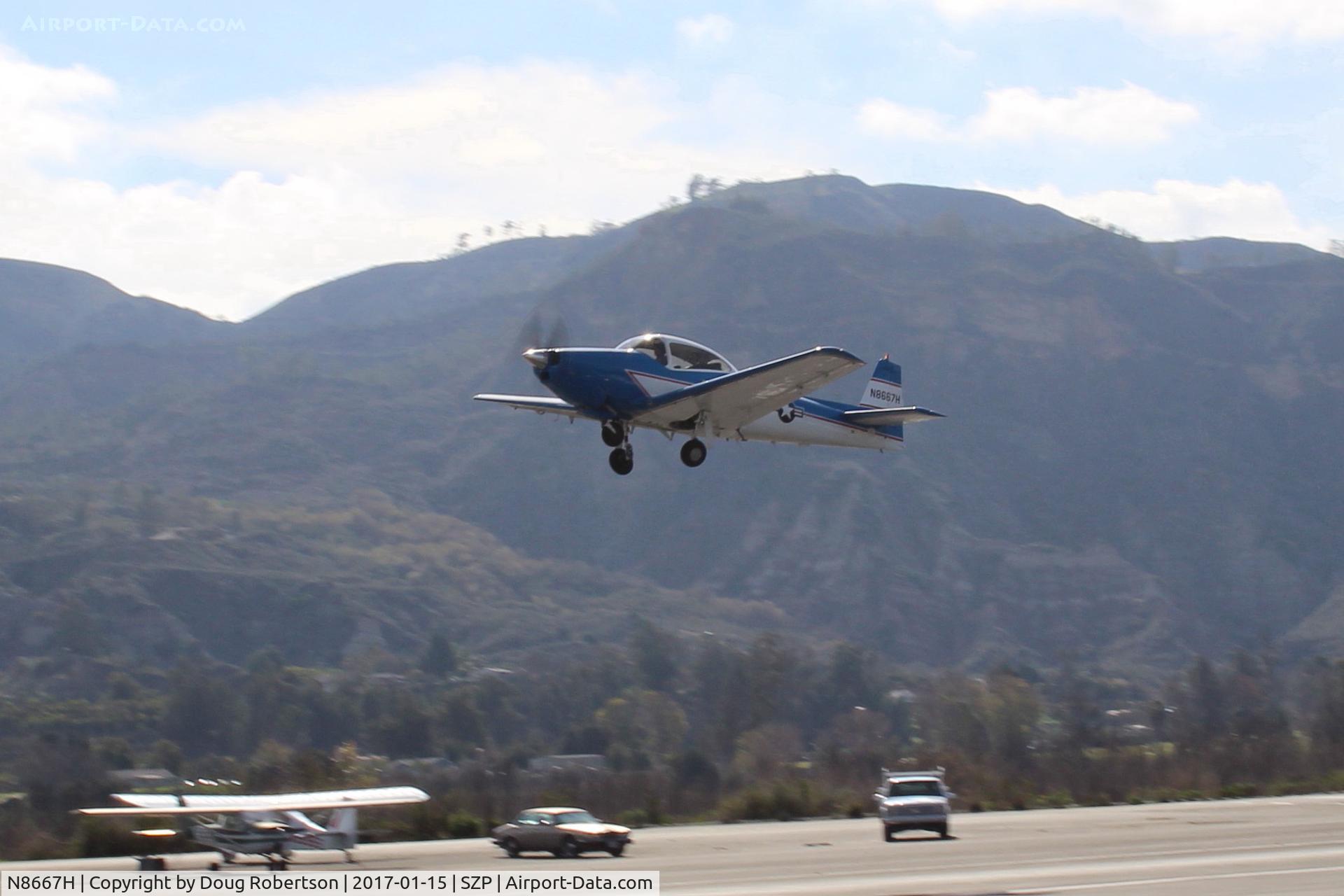 N8667H, 1947 North American Navion C/N NAV-4-667, 1947 North American NAVION, Continental IO-520 285 Hp upgrade, takeoff climb Rwy 04, landing gear coming up