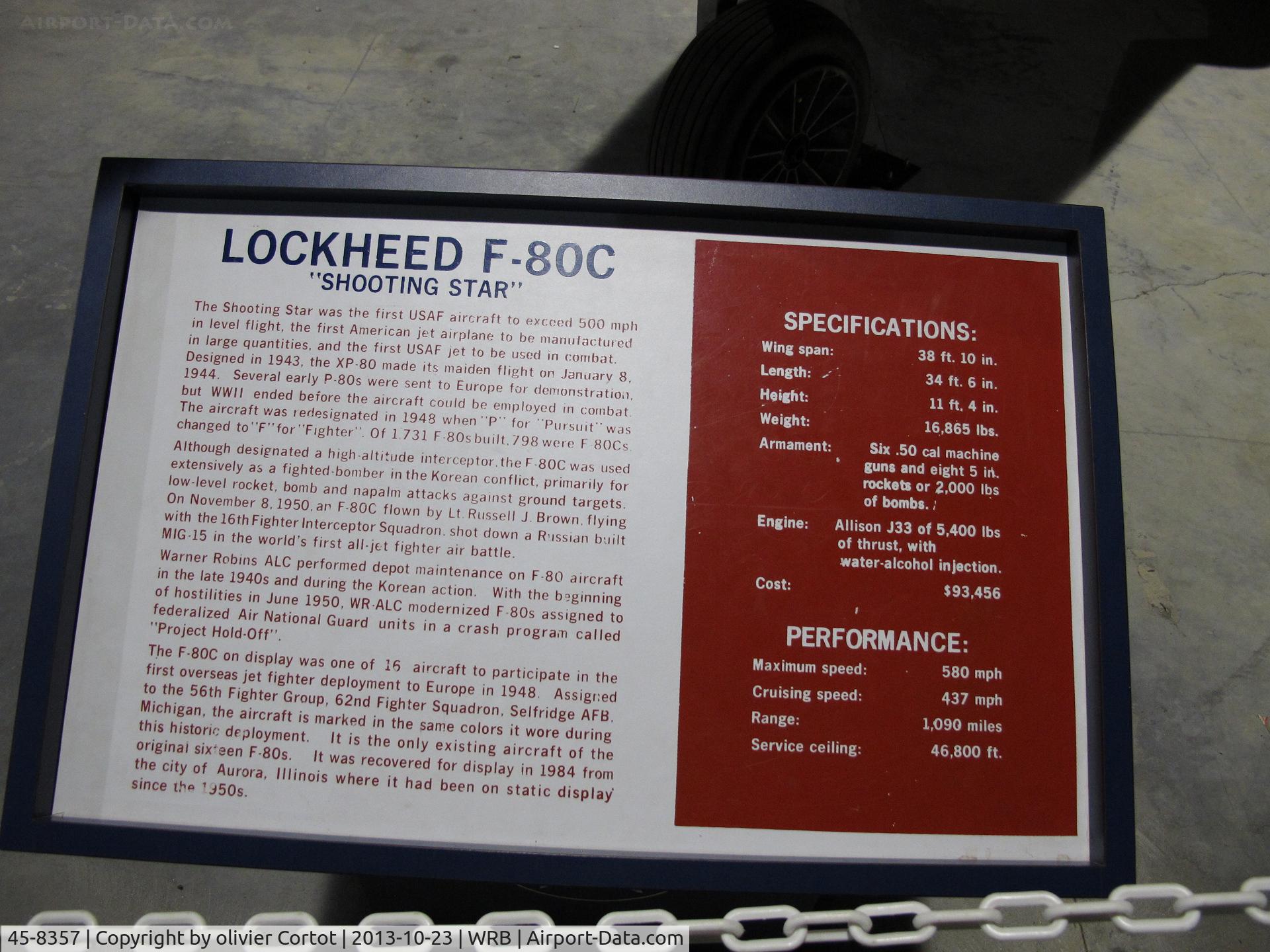 45-8357, 1945 Lockheed F-80C-11-LO Shooting Star C/N 080-1571, data plate. Museum of Aviation, Robins AFB.