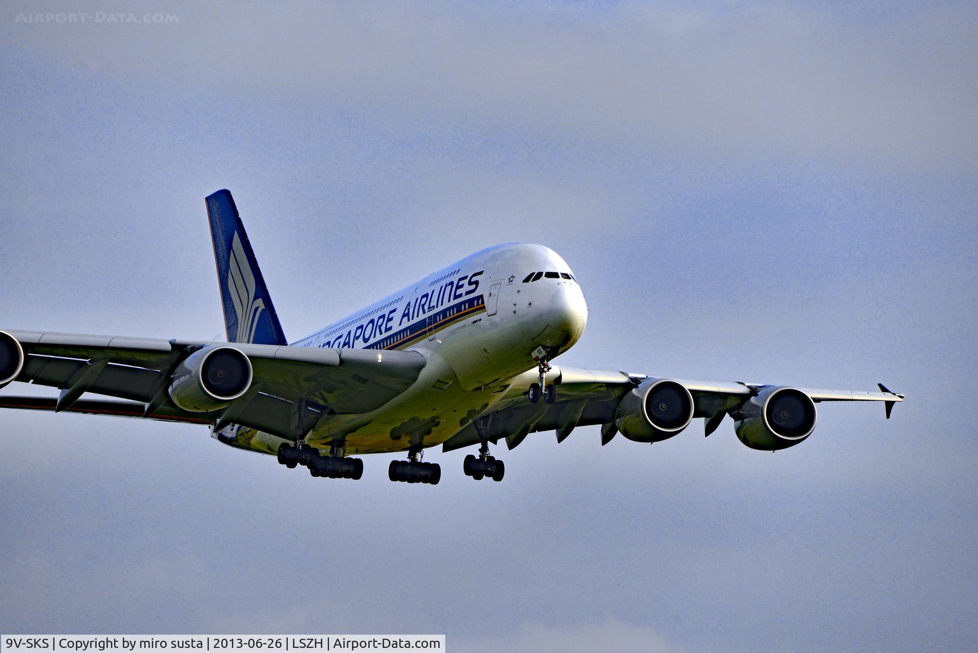 9V-SKS, 2012 Airbus A380-841 C/N 085, Singapore Airlines Airbus A380-841 airplane before landing at Zurich International Airport.
