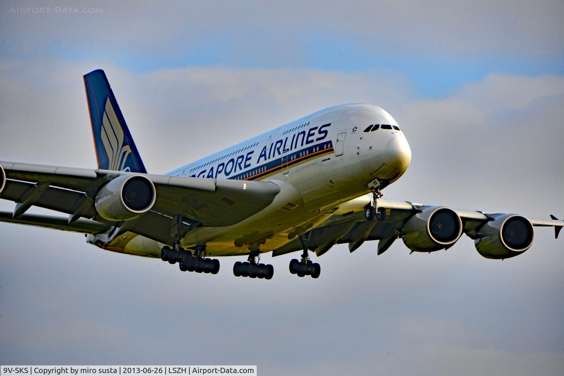 9V-SKS, 2012 Airbus A380-841 C/N 085, Singapore Airlines Airbus A380-841 airplane before landing at Zurich International Airport.