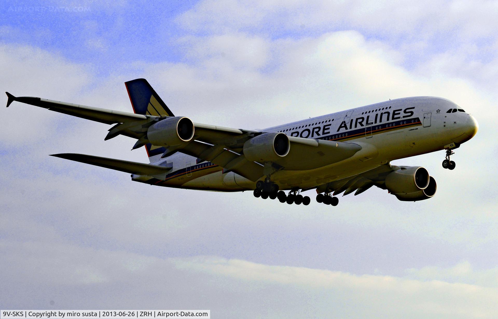 9V-SKS, 2012 Airbus A380-841 C/N 085, Singapore Airlines Airbus A380-841 airplane before landing at Zurich International Airport.