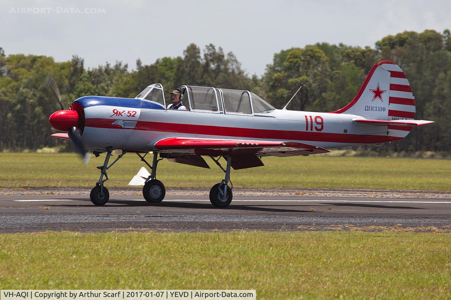 VH-AQI, 1984 Yakovlev Yak-52 C/N 844714, at the Great Eastern Fly In, Evans Head Memorial Aerodrome 07-01-2017