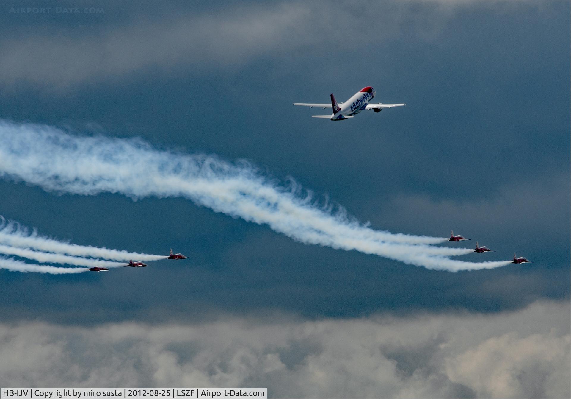 HB-IJV, 2003 Airbus A320-214 C/N 2024, Edelweiss Airlines Airbus A320 airplane in company of Swiss Air Force Northrop F-5E Tiger II Airplanes during air-show at Birrfeld airfield in Switzerland