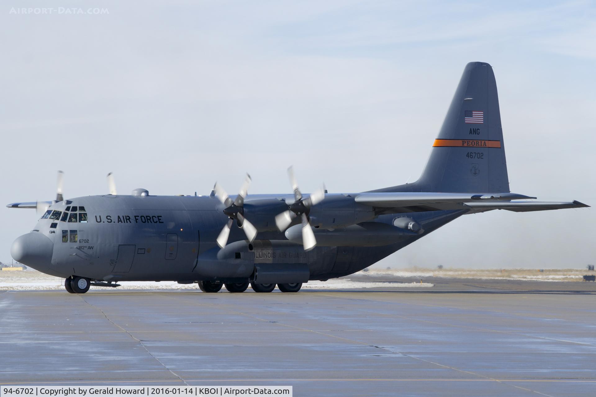 94-6702, 1994 Lockheed C-130H-3 Hercules C/N 382-5382, Turning onto east rearm ramp off Bravo. 182nd Air Wing, Illinois ANG.