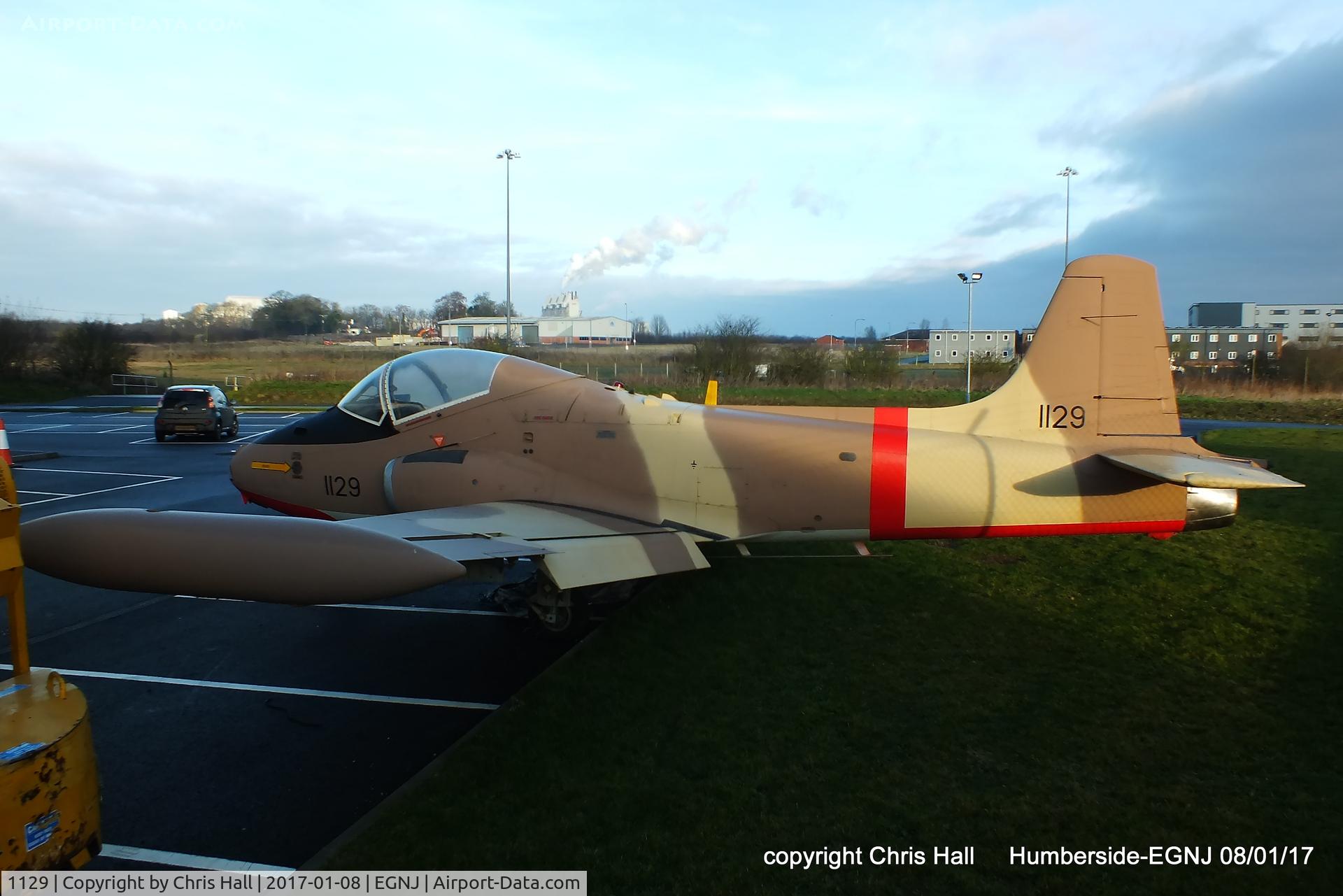 1129, BAC 167 Strikemaster Mk.80A C/N PS.360, preserved outside BAe Systems Academy building at Humberside Airport