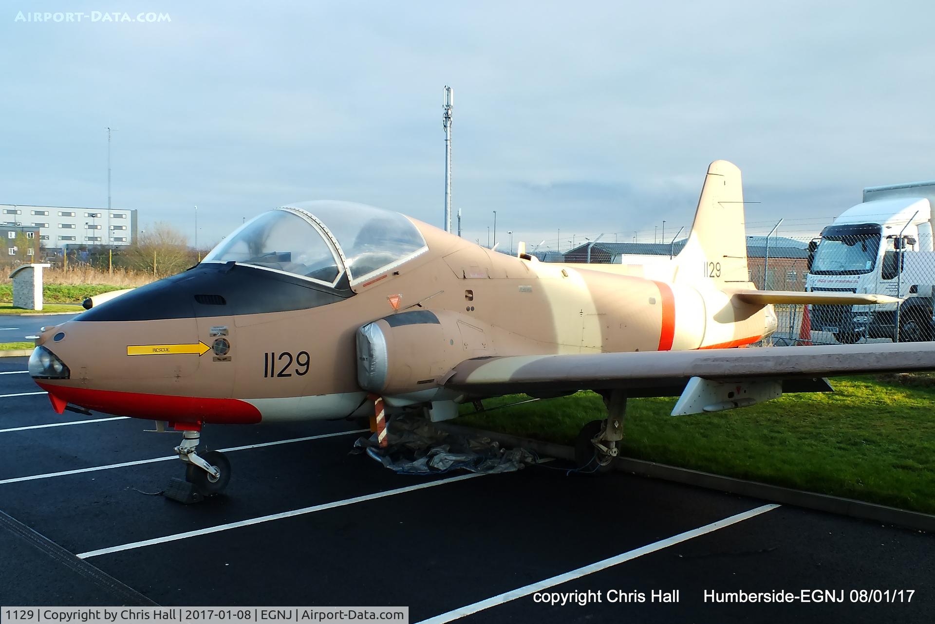 1129, BAC 167 Strikemaster Mk.80A C/N PS.360, preserved outside BAe Systems Academy building at Humberside Airport
