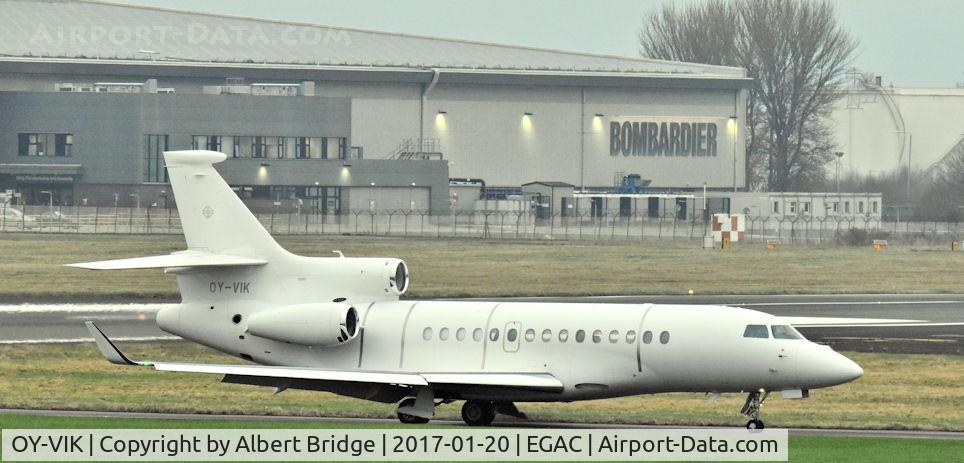 OY-VIK, 2010 Dassault Falcon 7X C/N 85, OY-VIK arriving at Belfast City.