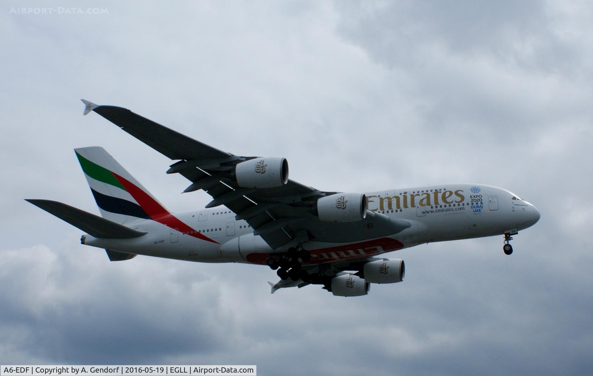A6-EDF, 2006 Airbus A380-861 C/N 007, Emirates, is here on short finals at London Heathrow(EGLL)