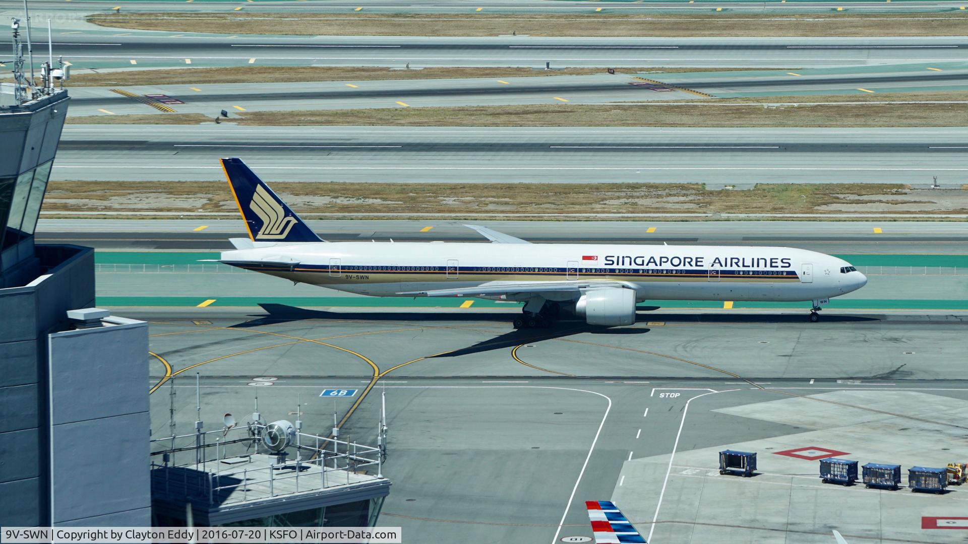 9V-SWN, 2008 Boeing 777-312/ER C/N 34579, Shot taken from new tower at SFO. 2017.