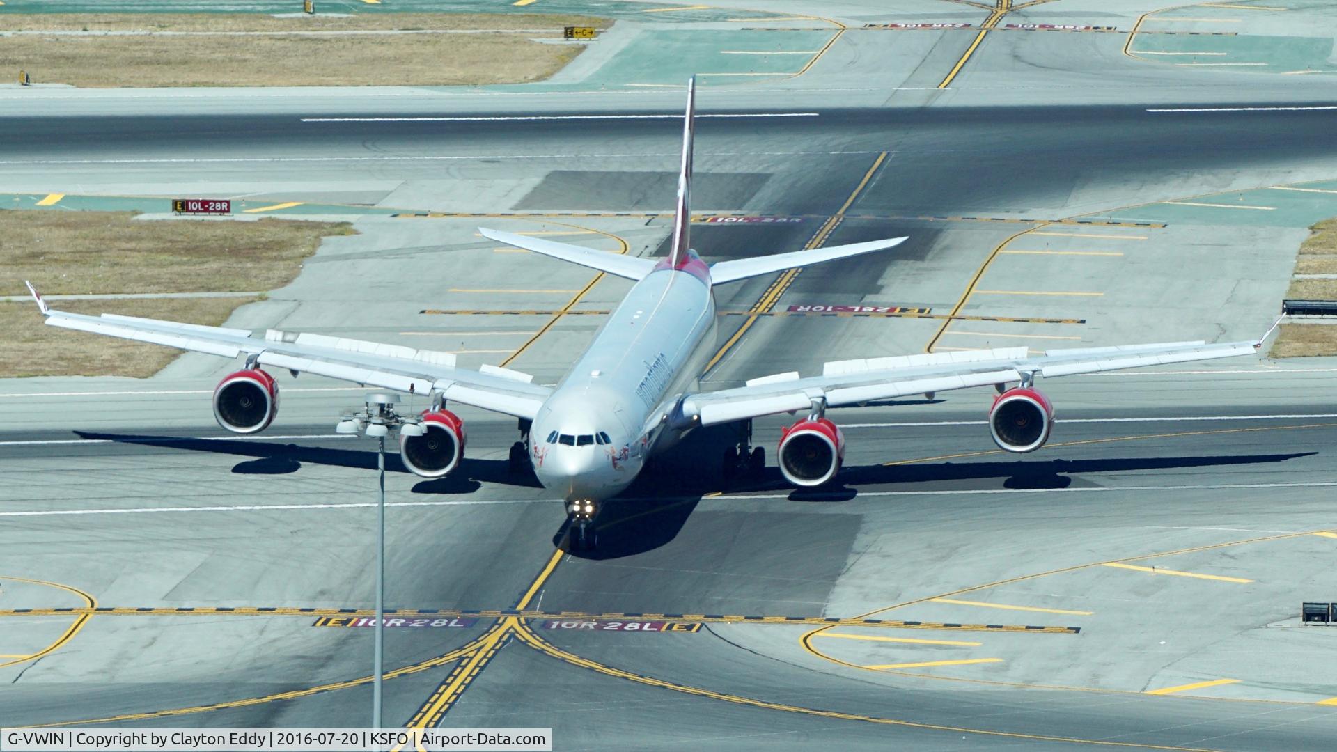 G-VWIN, 2006 Airbus A340-642 C/N 736, Shot taken from new tower at SFO. 2016.