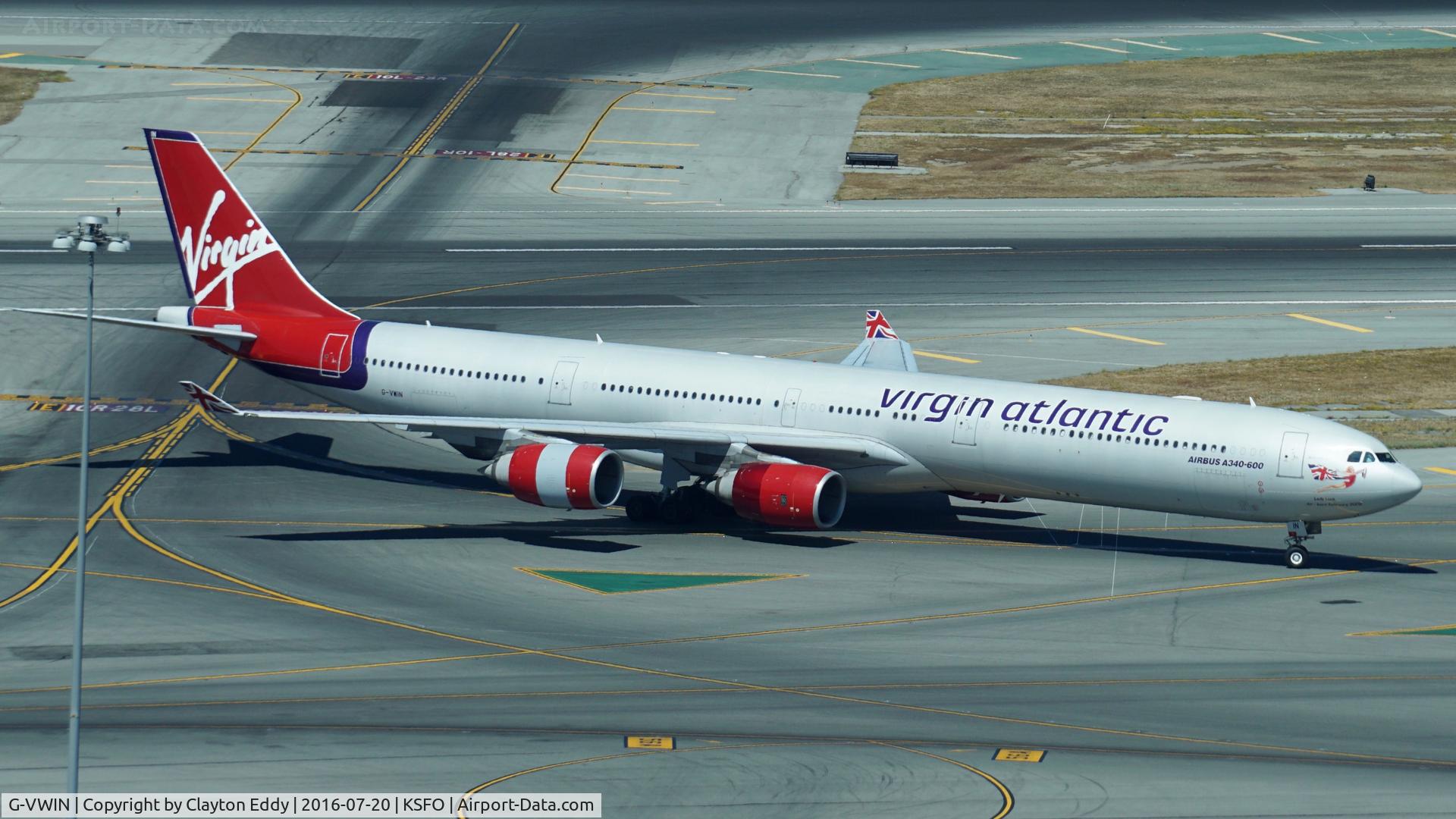 G-VWIN, 2006 Airbus A340-642 C/N 736, Shot from the new control tower at SFO. 2016.