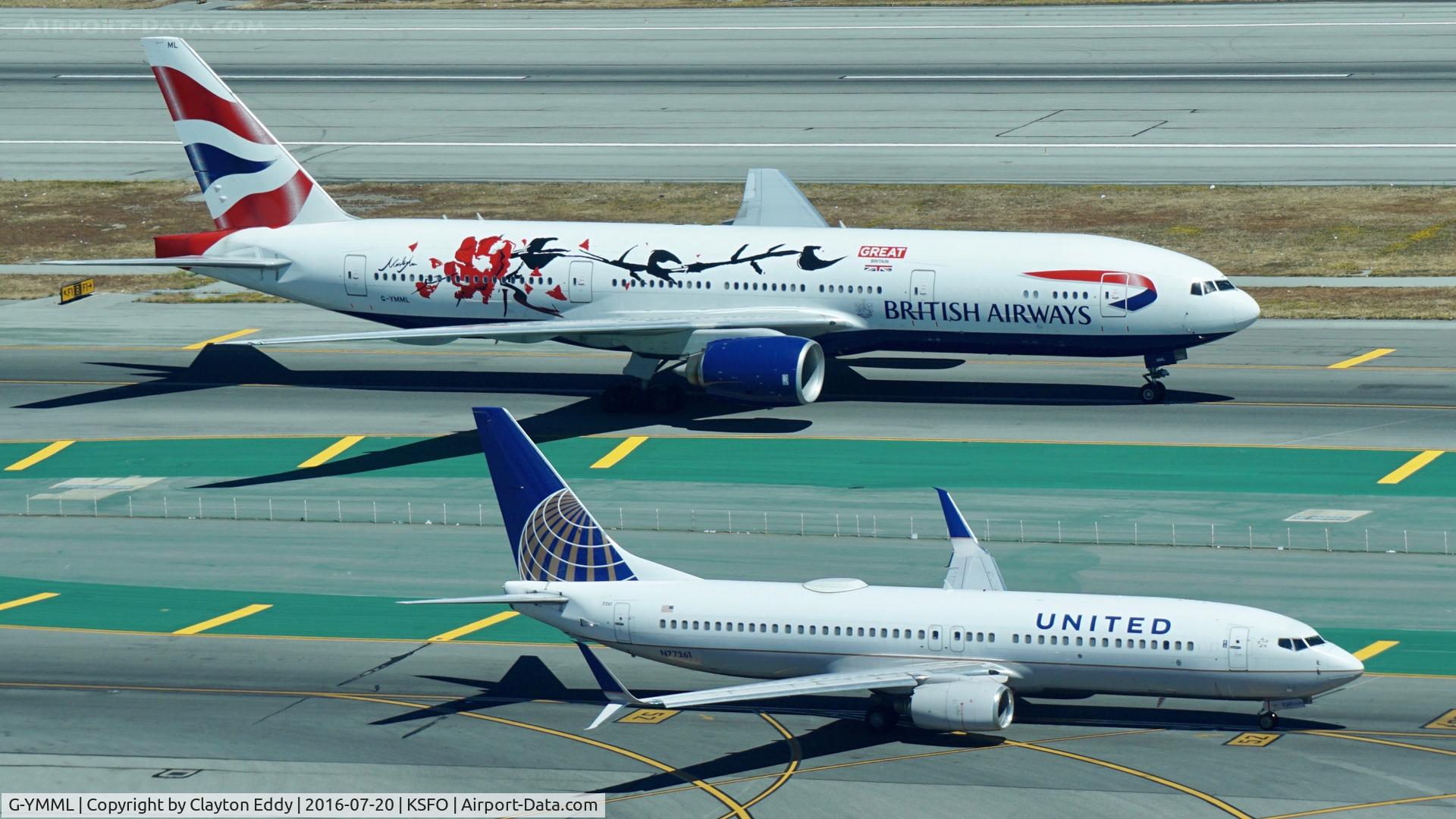 G-YMML, 2001 Boeing 777-236/ER C/N 30313, Shot from the new control tower at SFO. 2016.