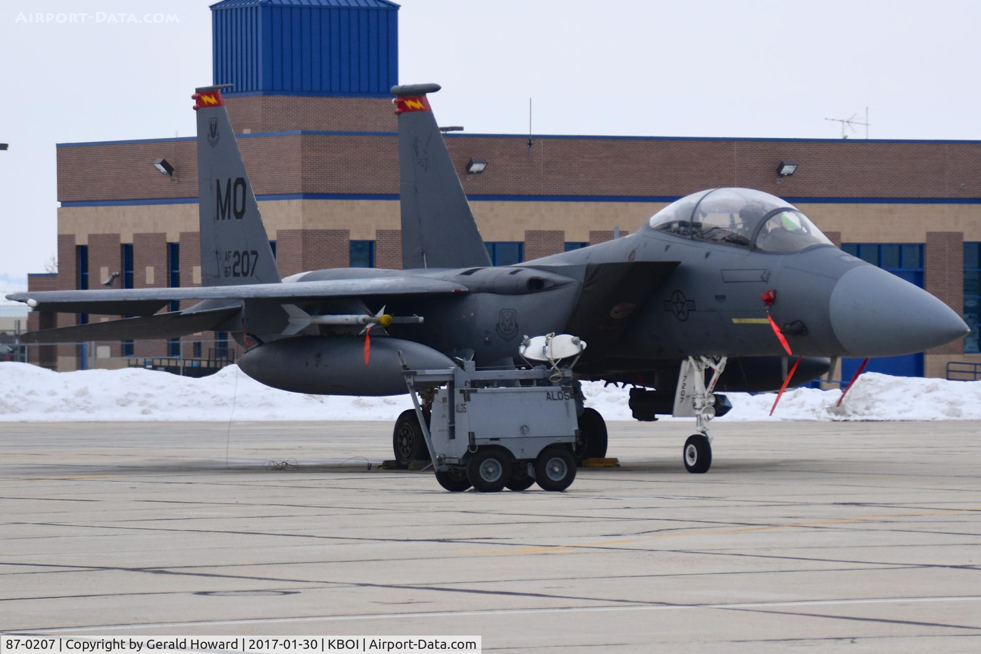 87-0207, 1987 McDonnell Douglas F-15E Strike Eagle C/N 1072/E047, Parked on Idaho ANG ramp. 389th Fighter Sq. 