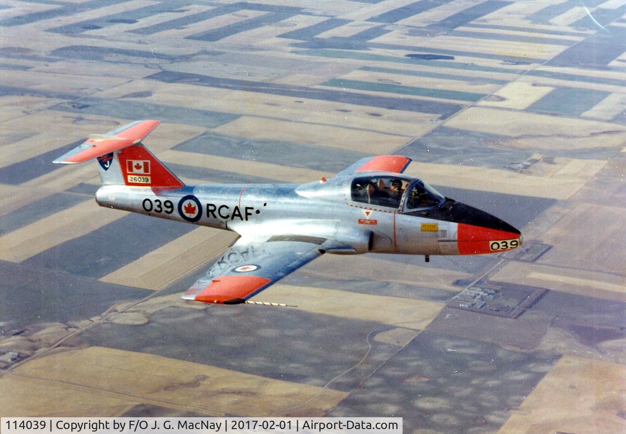 114039, Canadair CT-114 Tutor C/N 1039, first date: 8 January 1971 - Renumbered from RCAF 26039
 
Operated by 2 Canadian Forces Flying Training School, CFB Moose Jaw, Saskatchewan in 1982.  Classified as Instructional Airframe A888 on 25 July 1988.  Used as training aid at Canadian Forces Sch