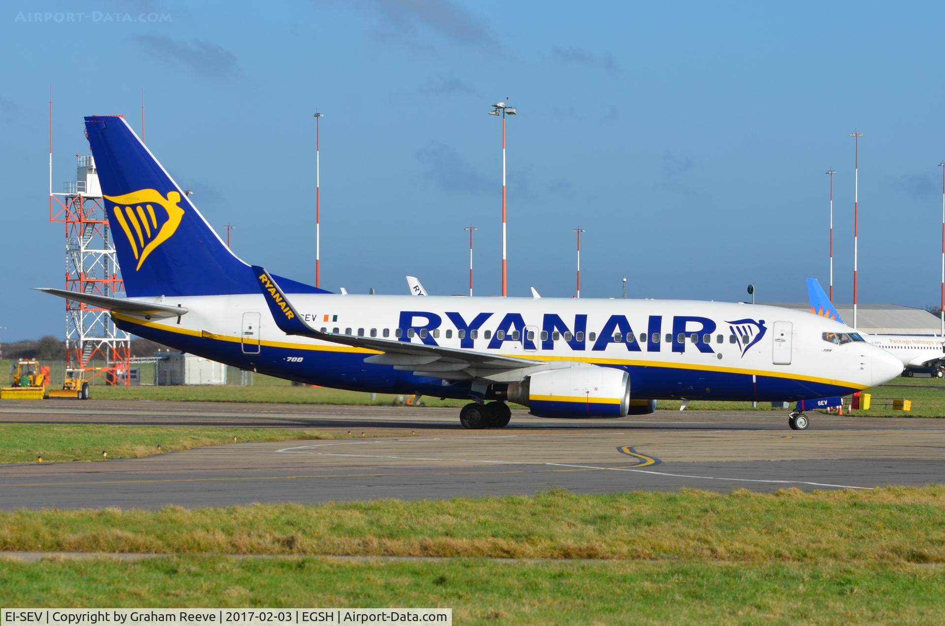 EI-SEV, 1999 Boeing 737-73S C/N 29078, Just landed at Norwich.
