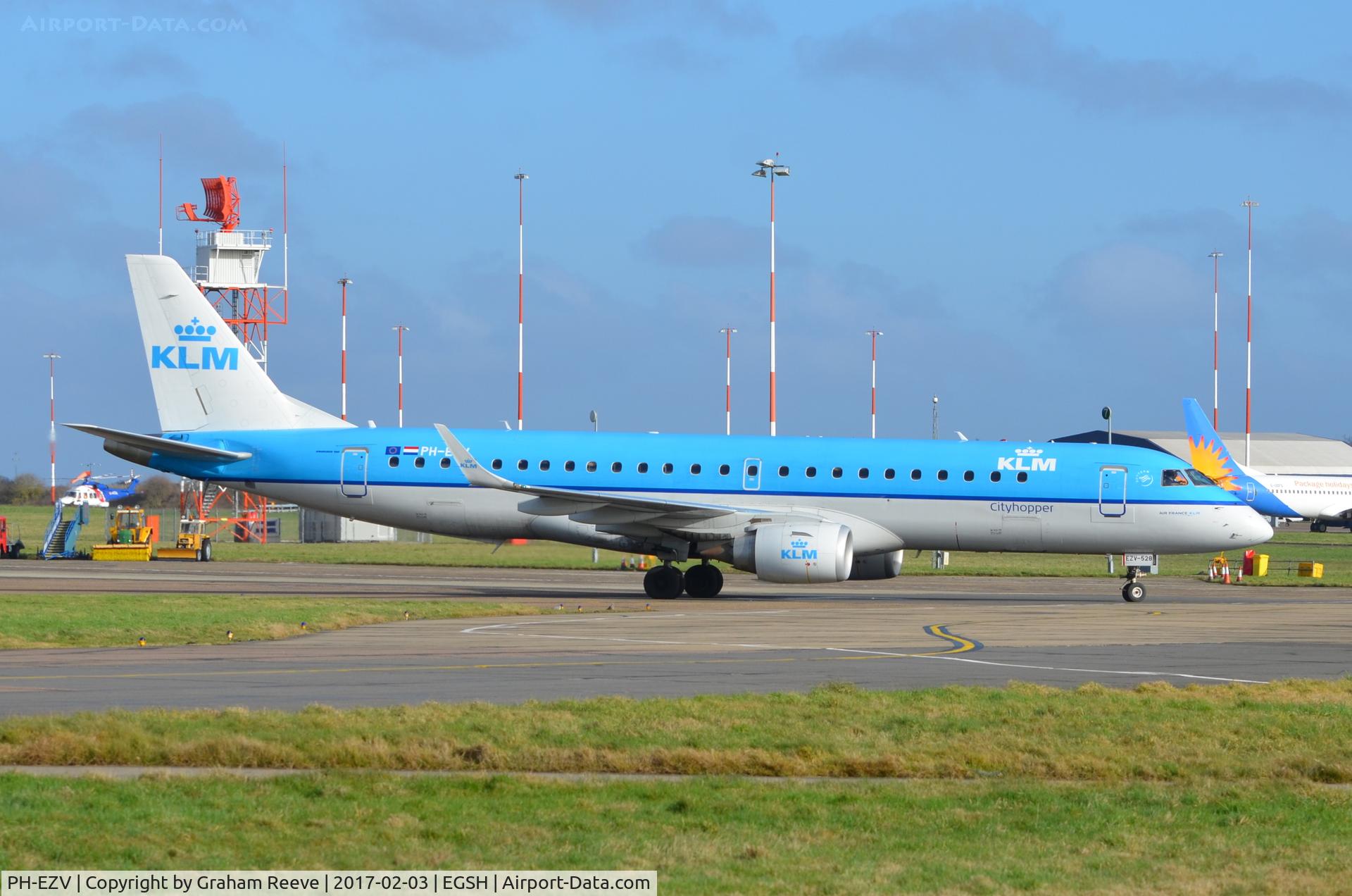 PH-EZV, 2012 Embraer 190LR (ERJ-190-100LR) C/N 19000528, Just landed at Norwich.