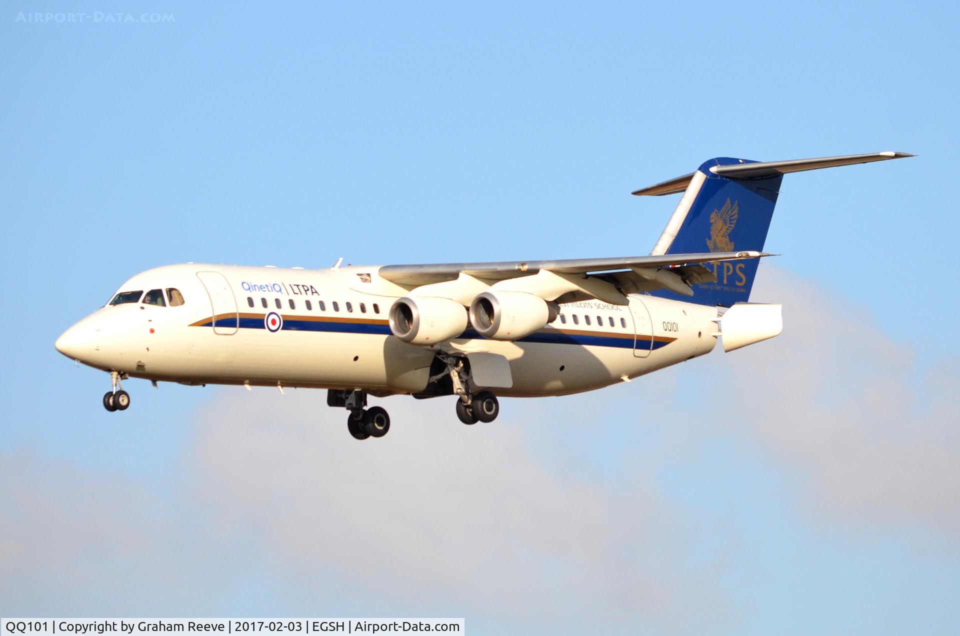 QQ101, 2000 British Aerospace Avro 146-RJ100 C/N E3368, On approach to Norwich.