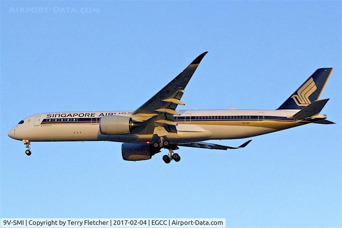 9V-SMI, 2016 Airbus A350-941 C/N 077, Singapore Airbus A350 on approach to Manchester