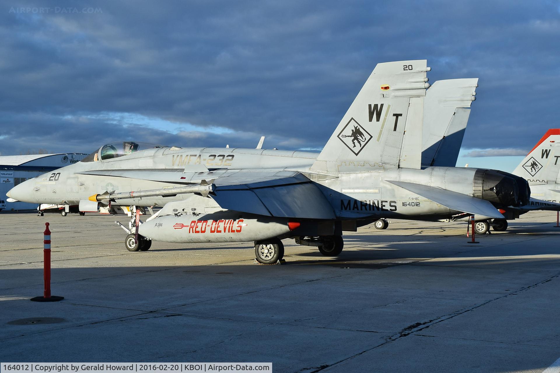 164012, 1989 McDonnell Douglas F/A-18C Hornet C/N 0896/C156, Parked on south GA ramp. VMFA-232  “Red Devils”      MAG-11, 3rd MAW, NAS Miramar, CA.