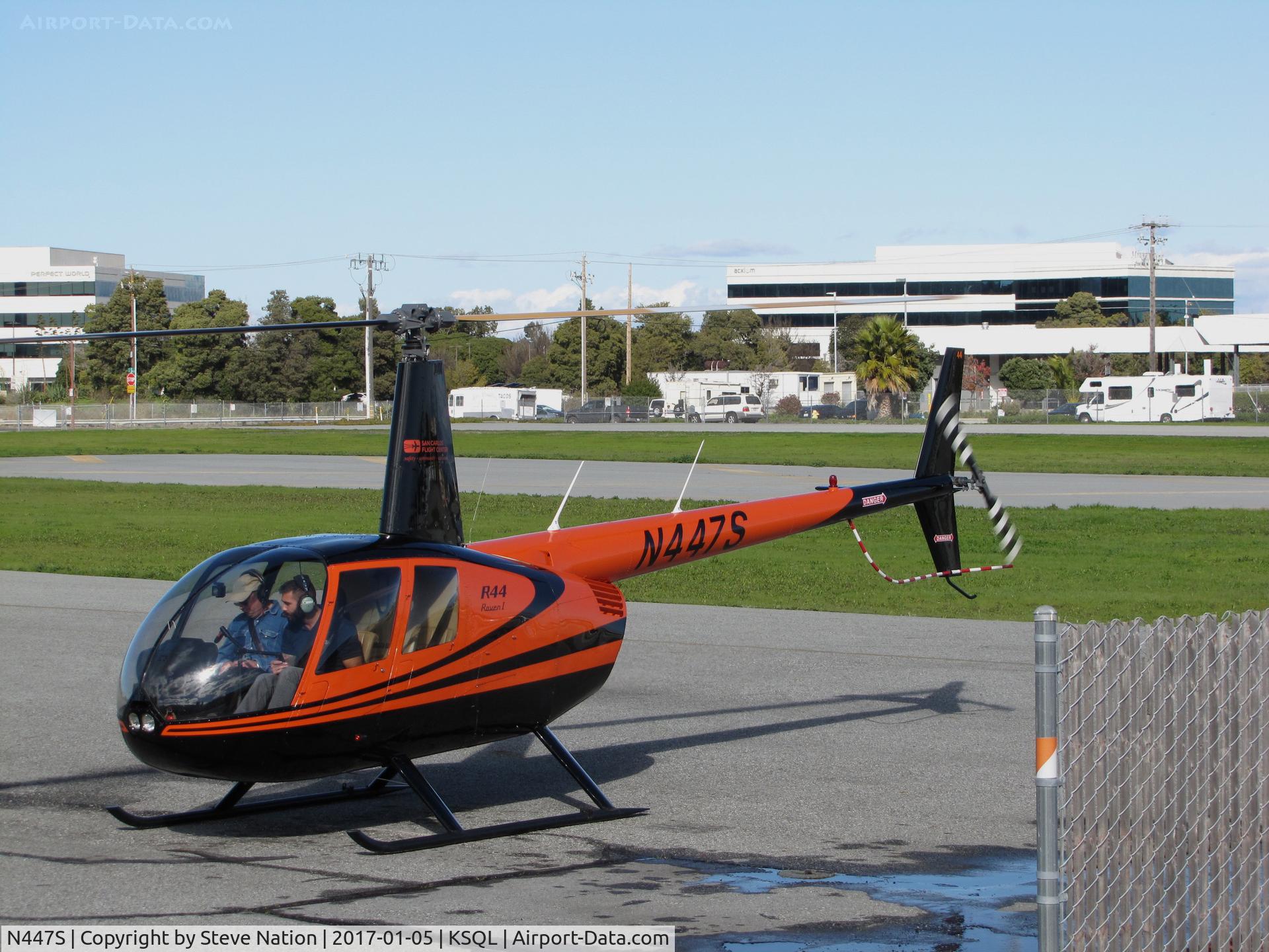 N447S, 2005 Robinson R44 C/N 1489, San Carlos Flight Center 2005 Robinson shutting down @ San Carlos Airport, CA