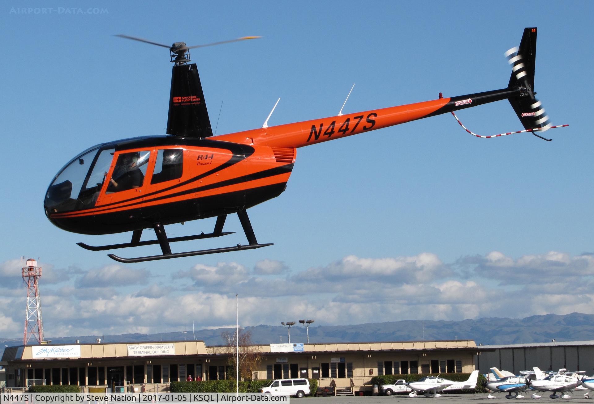 N447S, 2005 Robinson R44 C/N 1489, San Carlos Flight Center 2005 Robinson hovering @ San Carlos Airport, CA