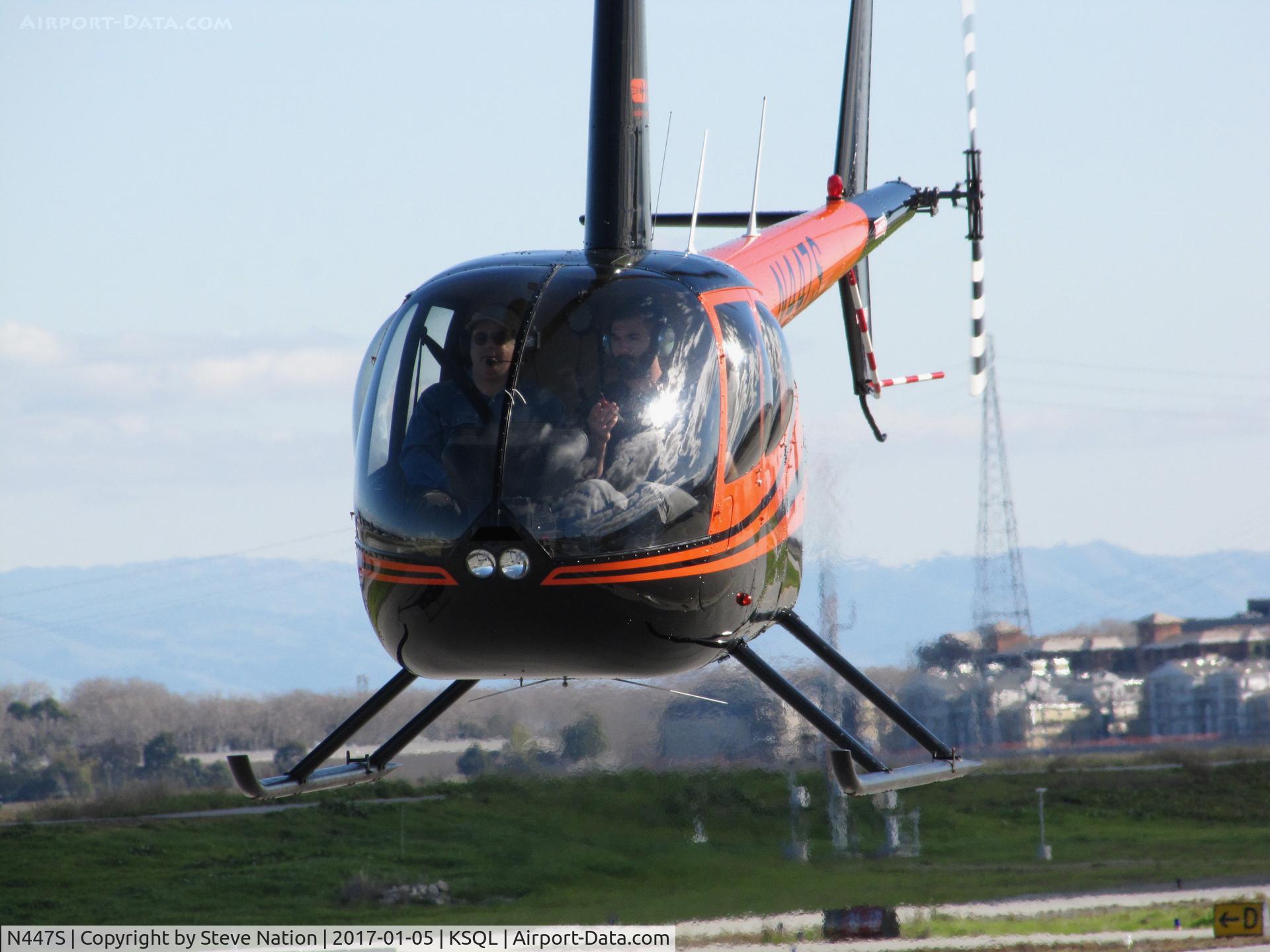 N447S, 2005 Robinson R44 C/N 1489, San Carlos Flight Center 2005 Robinson in head-on hover @ San Carlos Airport, CA