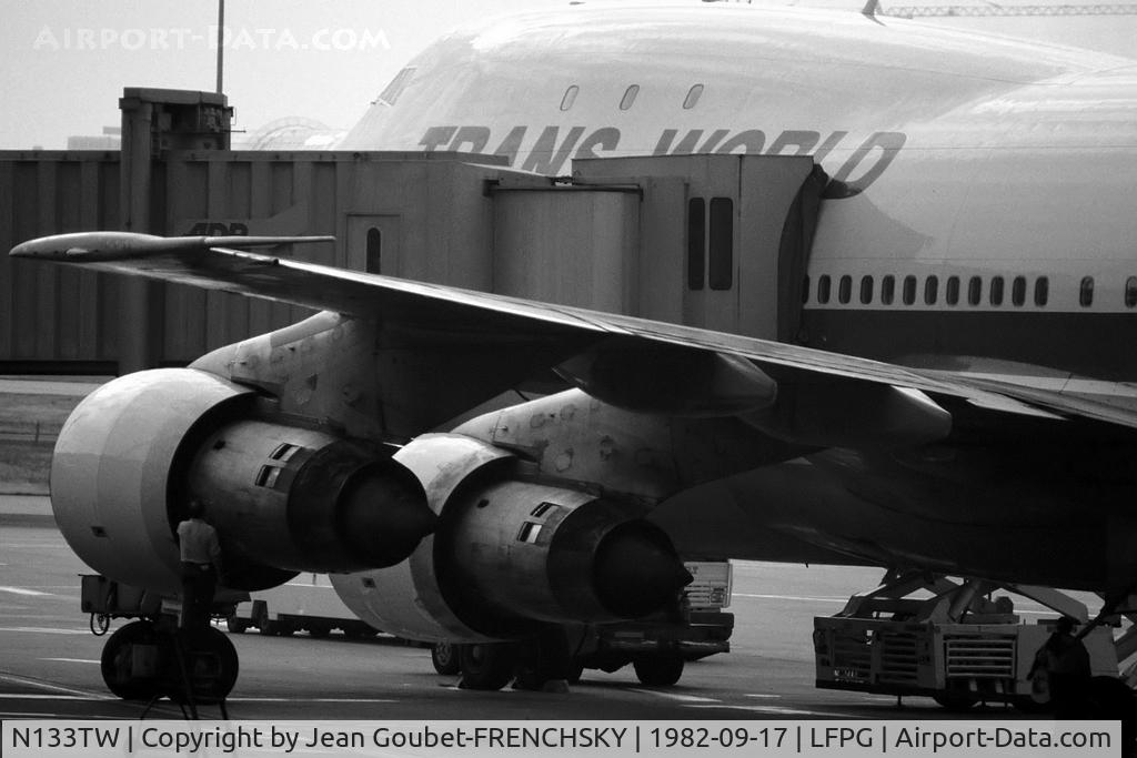 N133TW, 1970 Boeing 747-156 C/N 19957, TWA Trans World Airlines Paris CDG T1 (b/u MHV fuselage to become Sushi Restaurant in Japan, canx 5/19/98)