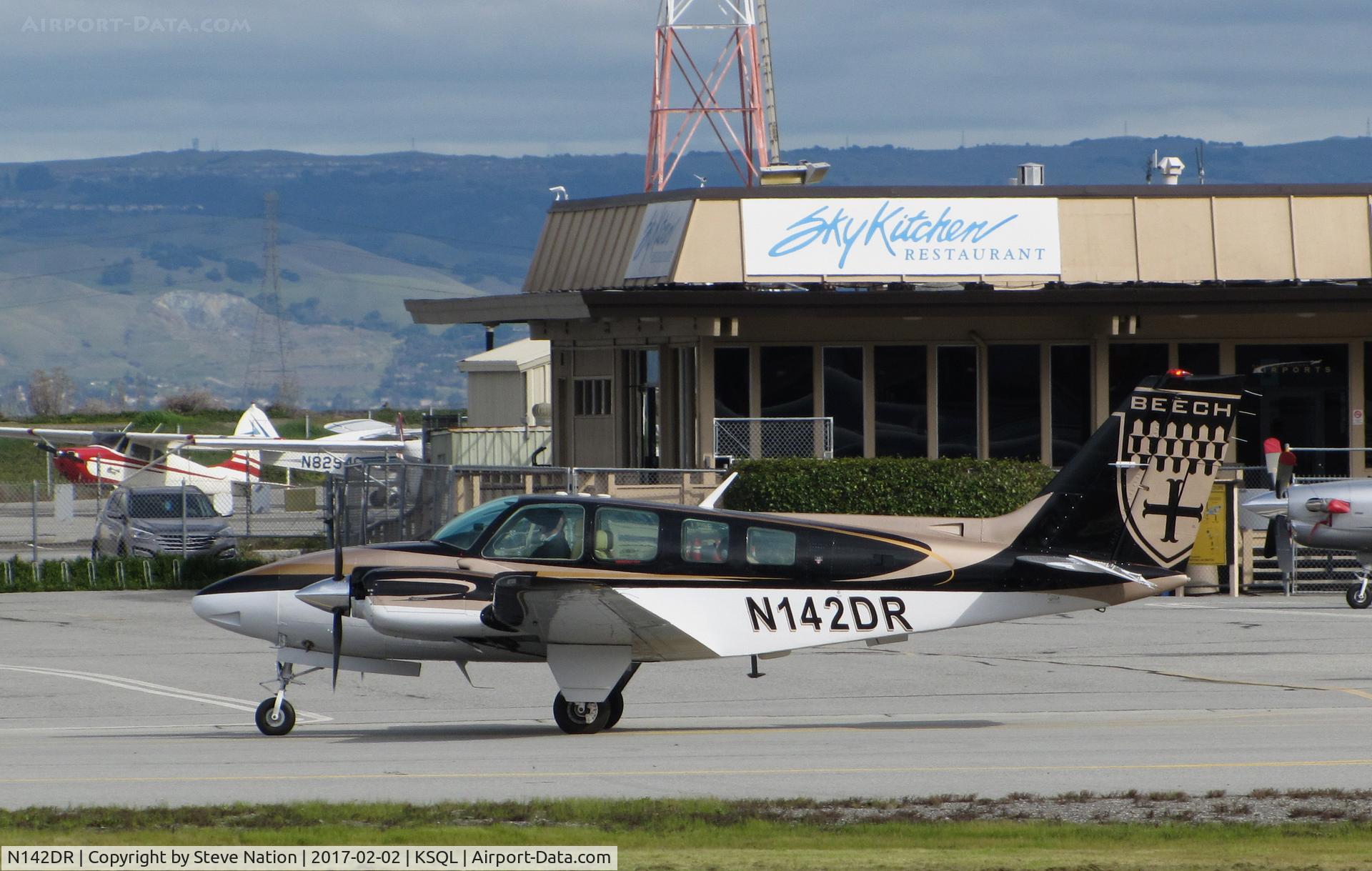 N142DR, 1985 Beech 58 Baron C/N TH-1458, HJ + L Air LLC (Sacramento, CA) operates this very sharp 1985 Beech 58 seen taxiing to transient ramp @ San Carlos Airport, CA