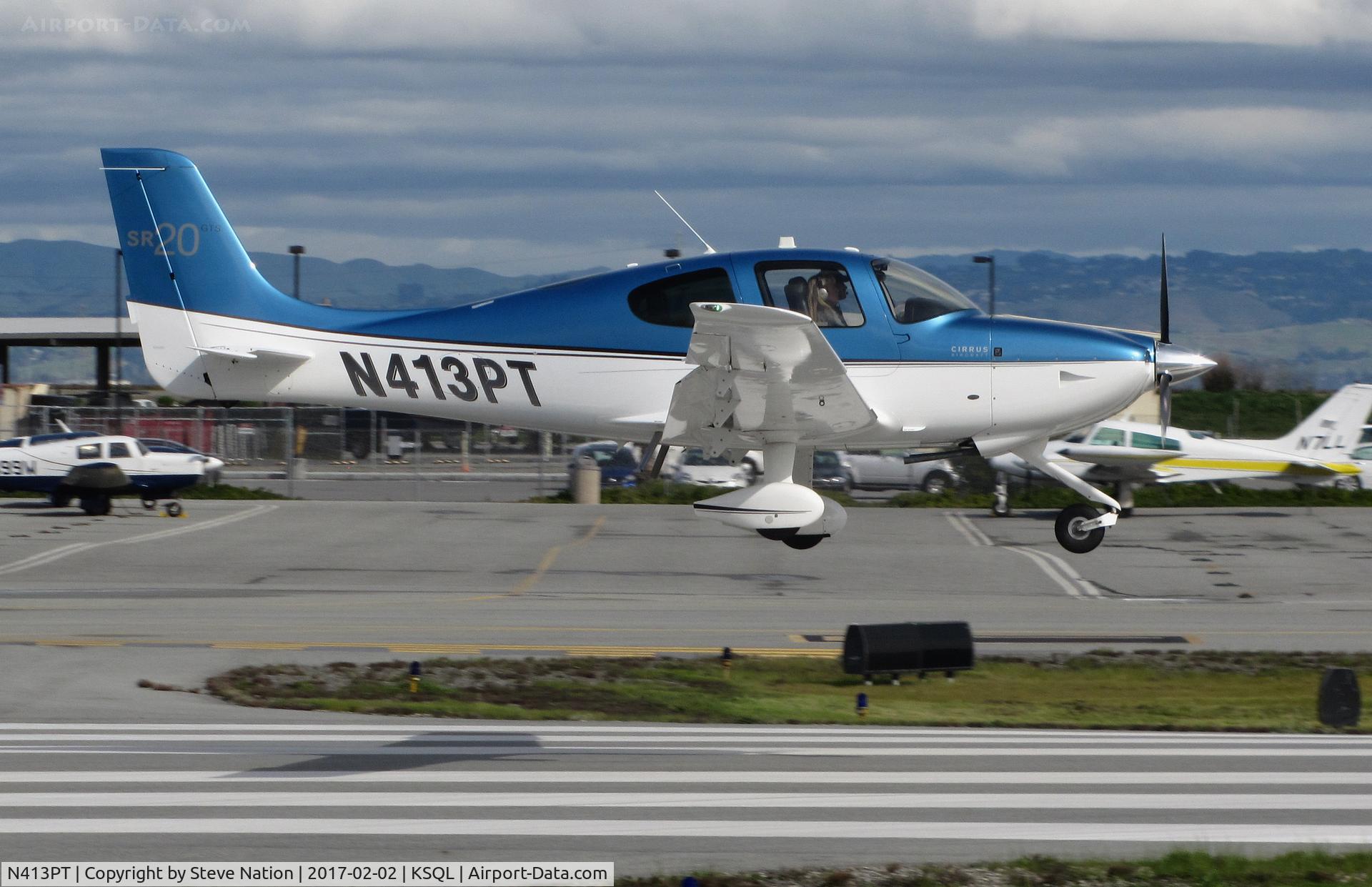 N413PT, Cirrus SR20 GTS C/N 2133, Locally-based 2012 Cirrus SR20 GTS over the threshold @ San Carlos Airport, CA