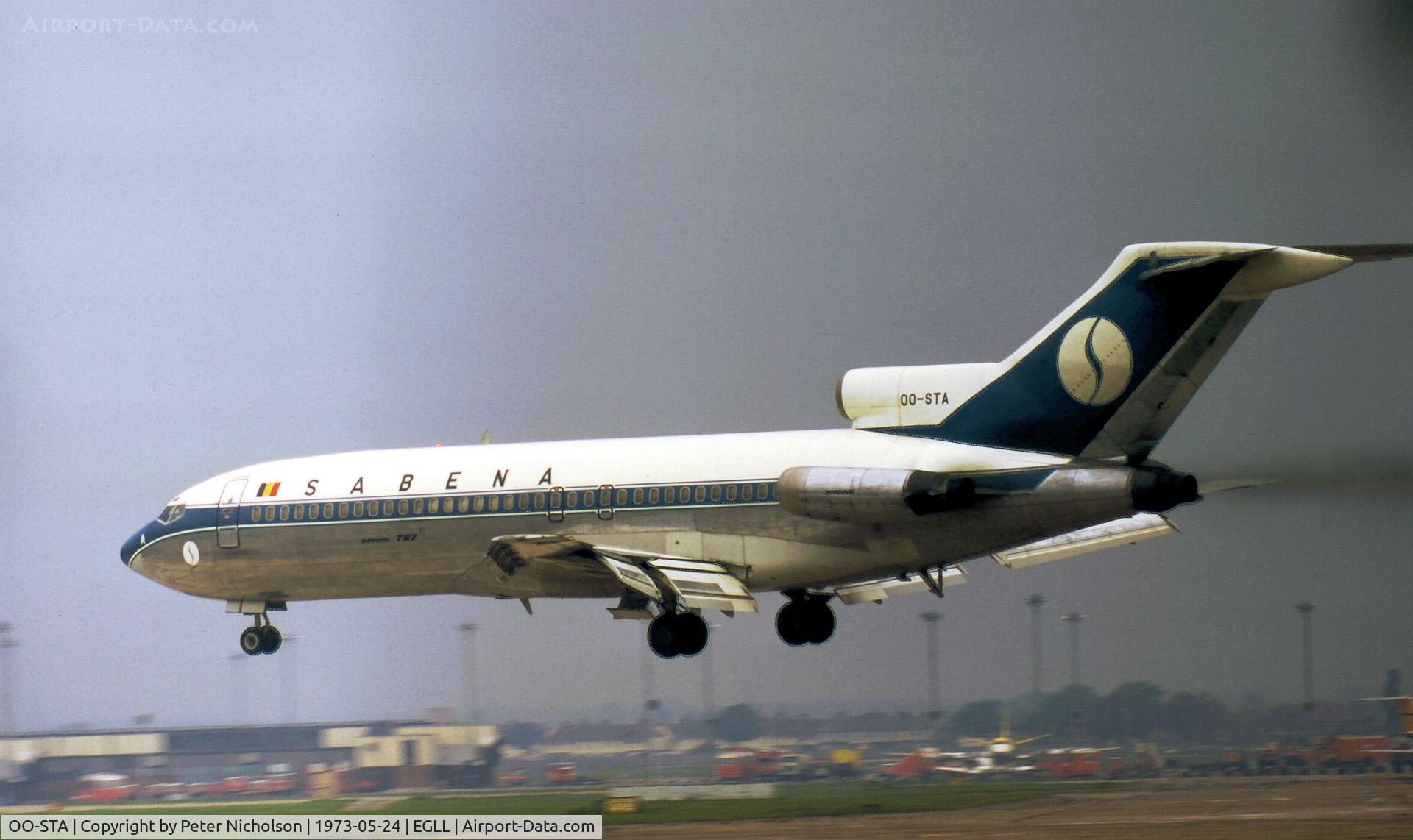 OO-STA, 1967 Boeing 727-029 C/N 19400, Boeing 727-29 of SABENA landing at Heathrow in May 1973.