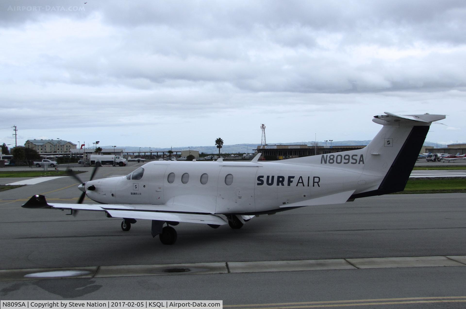 N809SA, 2014 Pilatus PC-12/47E C/N 1490, Surf Air 2014 Pilatus PC-12/47E @ San Carlos Airport, CA taxiing for revenue flight to KTRK (Truckee-Tahoe Airport, CA)