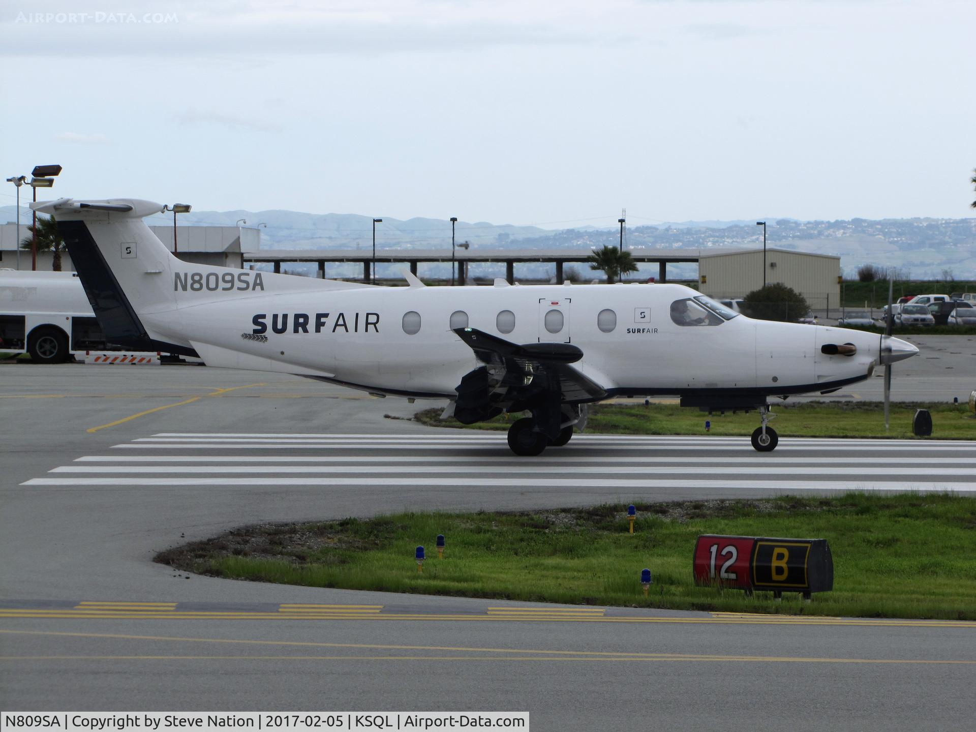 N809SA, 2014 Pilatus PC-12/47E C/N 1490, Surf Air 2014 Pilatus PC-12/47E @ San Carlos Airport, CA lining up on RWY 12 for revenue flight to KTRK (Truckee-Tahoe Airport, CA)