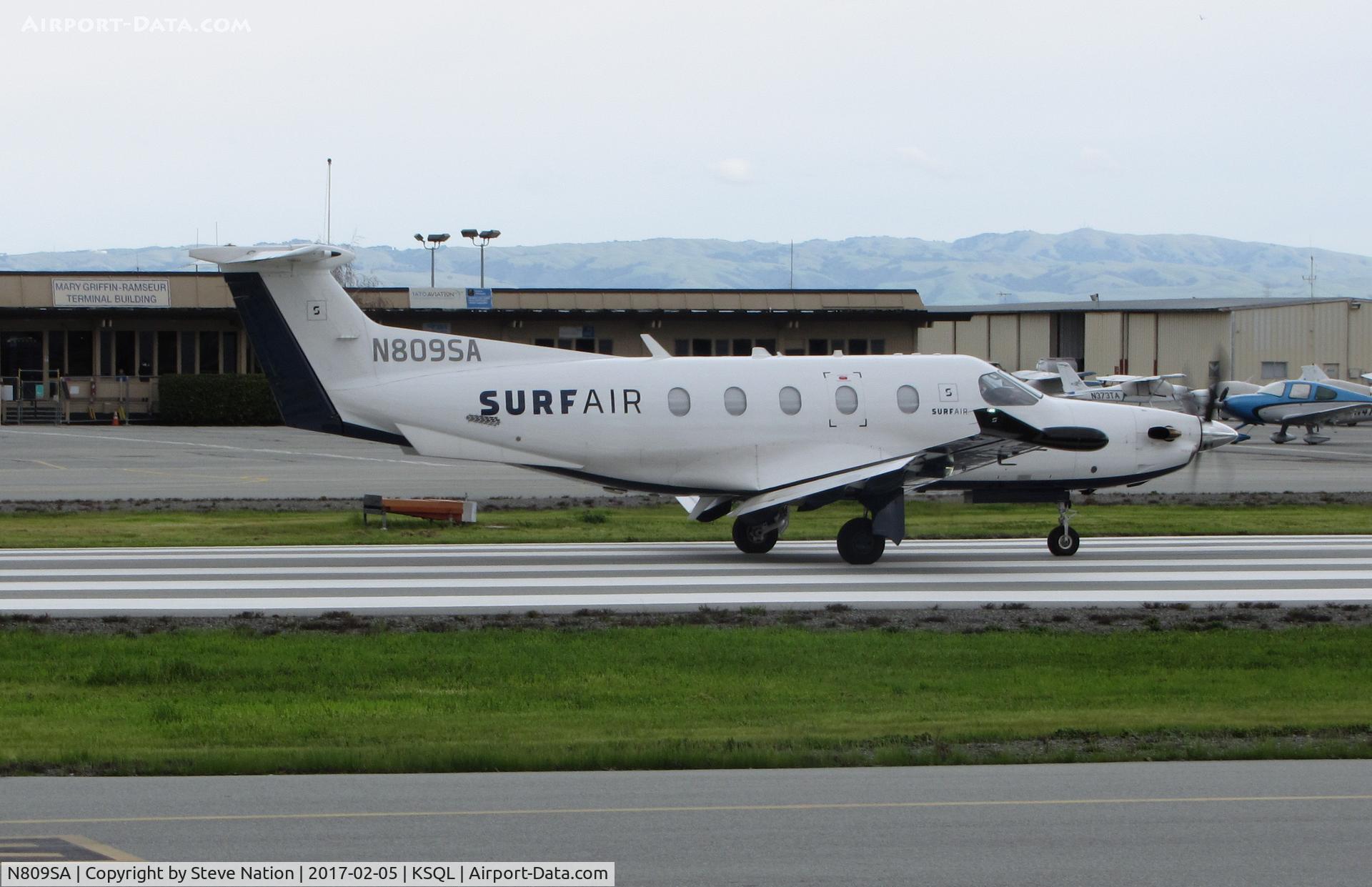 N809SA, 2014 Pilatus PC-12/47E C/N 1490, Surf Air 2014 Pilatus PC-12/47E @ San Carlos Airport, CA rolling for take-off to KTRK (Truckee-Tahoe Airport, CA)