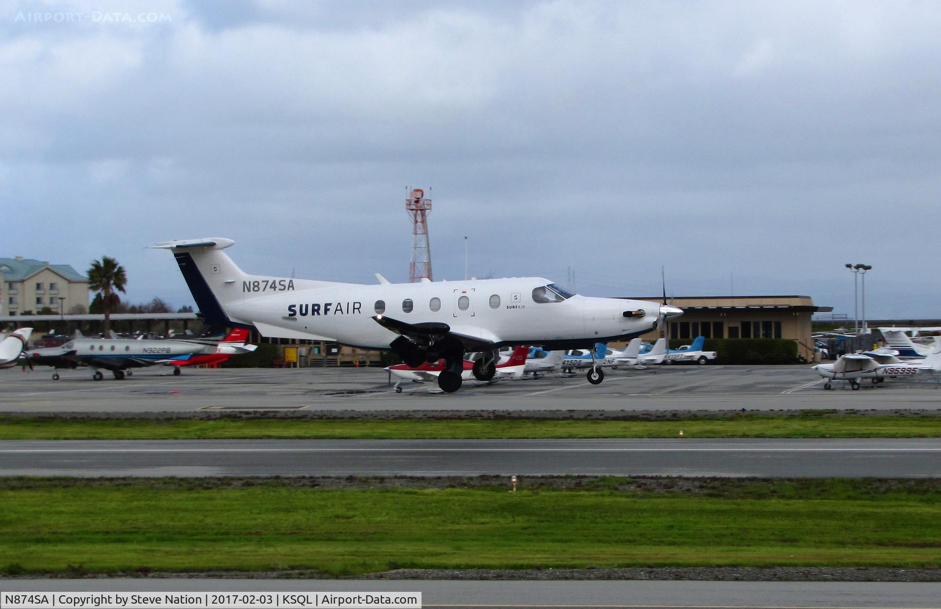 N874SA, 2015 Pilatus PC-12/47E C/N 1574, Surf Air 2015 Pilatus PC-12/47E landing @ San Carlos Airport, CA