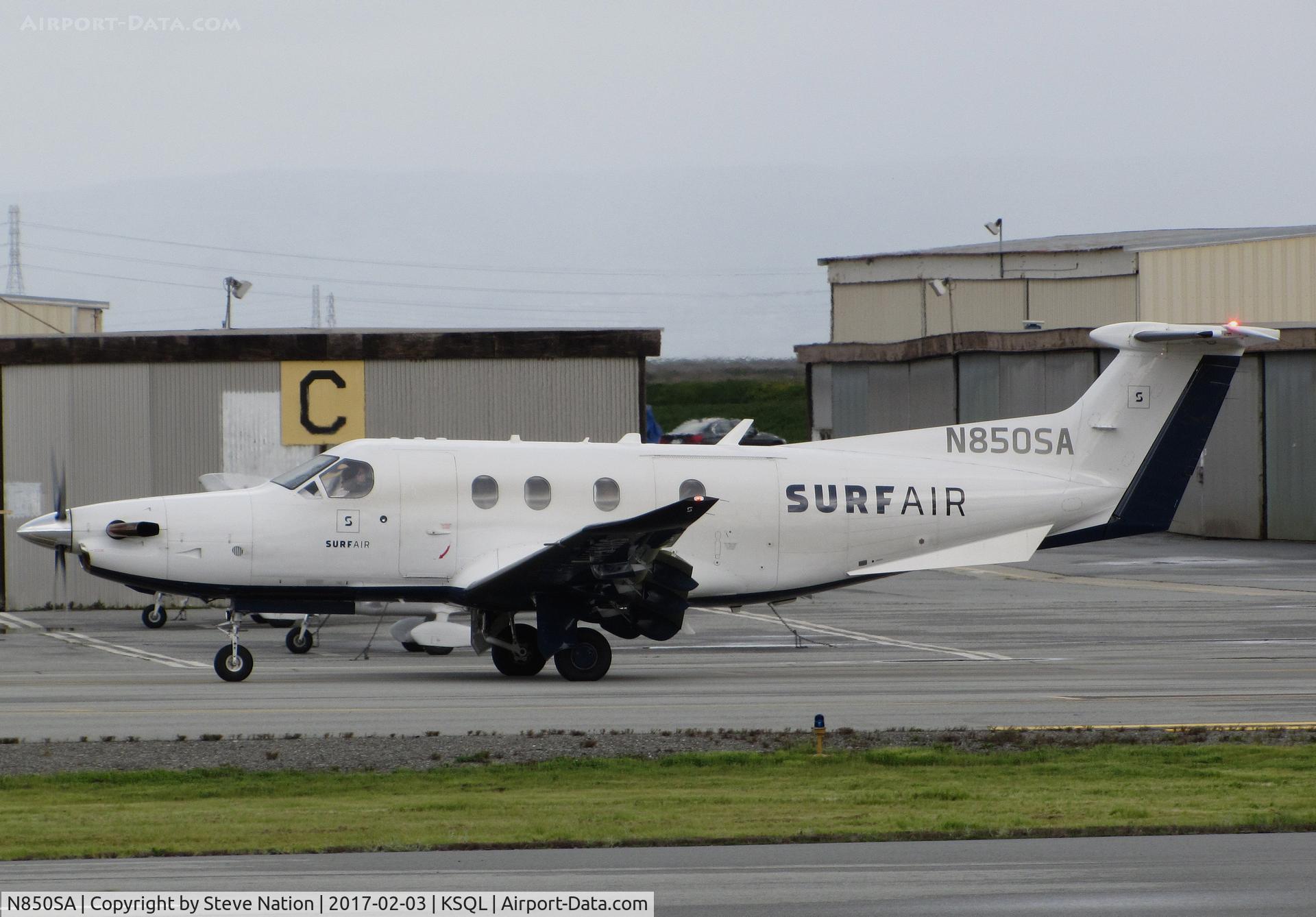 N850SA, 2015 Pilatus PC-12/47E C/N 1557, Surf Air 2015 Pilatus PC-12/47E taxiing for take-off @ San Carlos Airport, CA