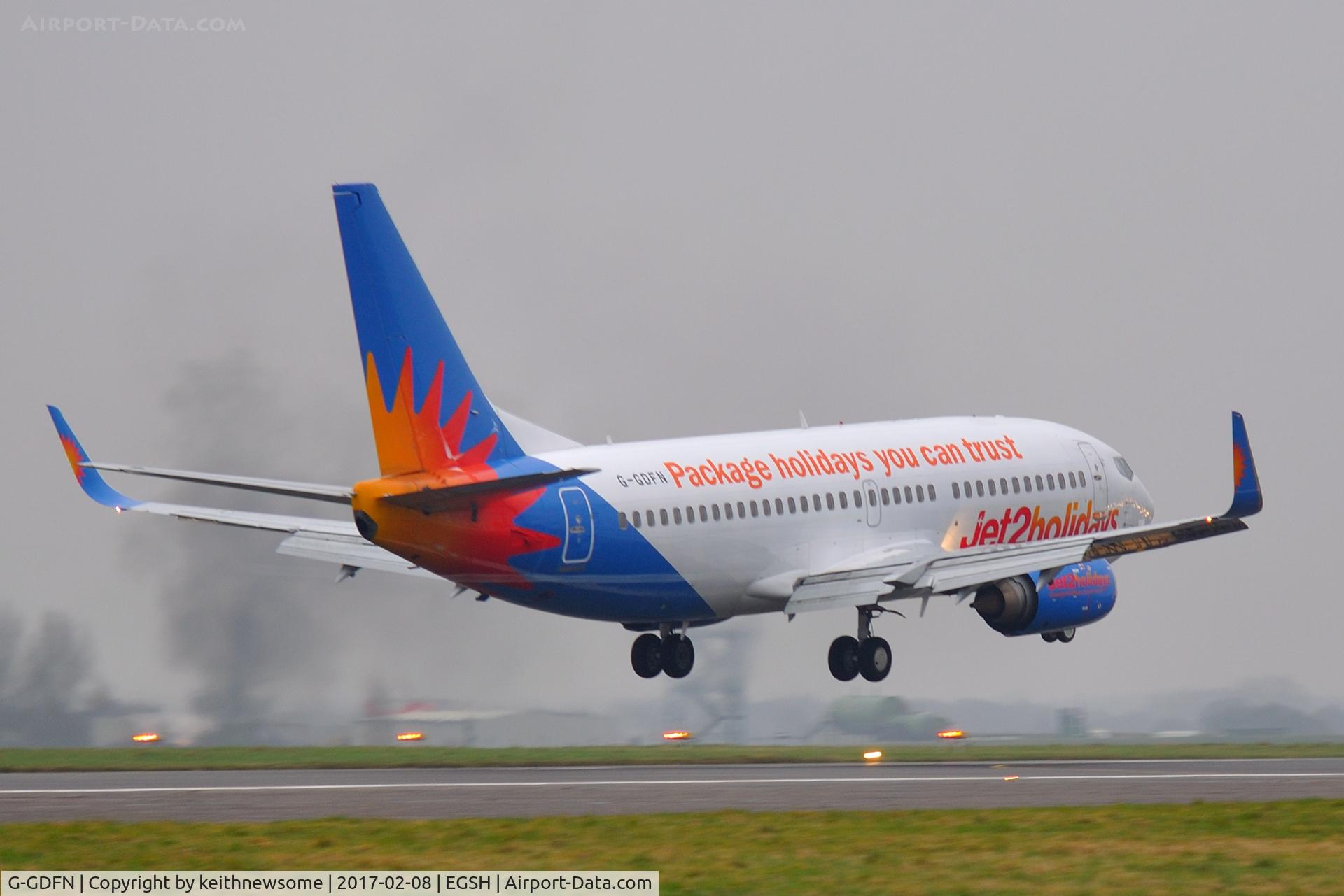 G-GDFN, 1998 Boeing 737-33V C/N 29332, Misty arrival for maintenance.