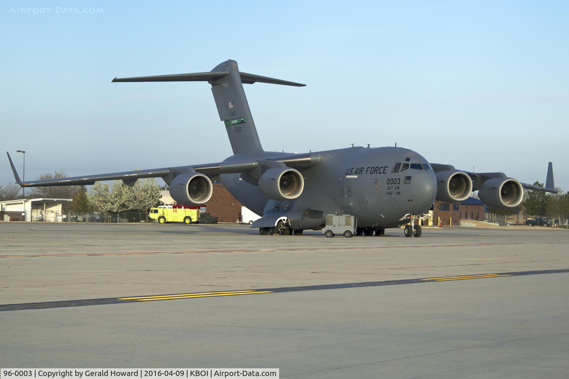 96-0003, 1996 McDonnell Douglas C-17A Globemaster III C/N P-35, Parked on Idaho ANG ramp to assist in Middle East deployment. 62nd AW (446th AW) McChord AFB, WA.