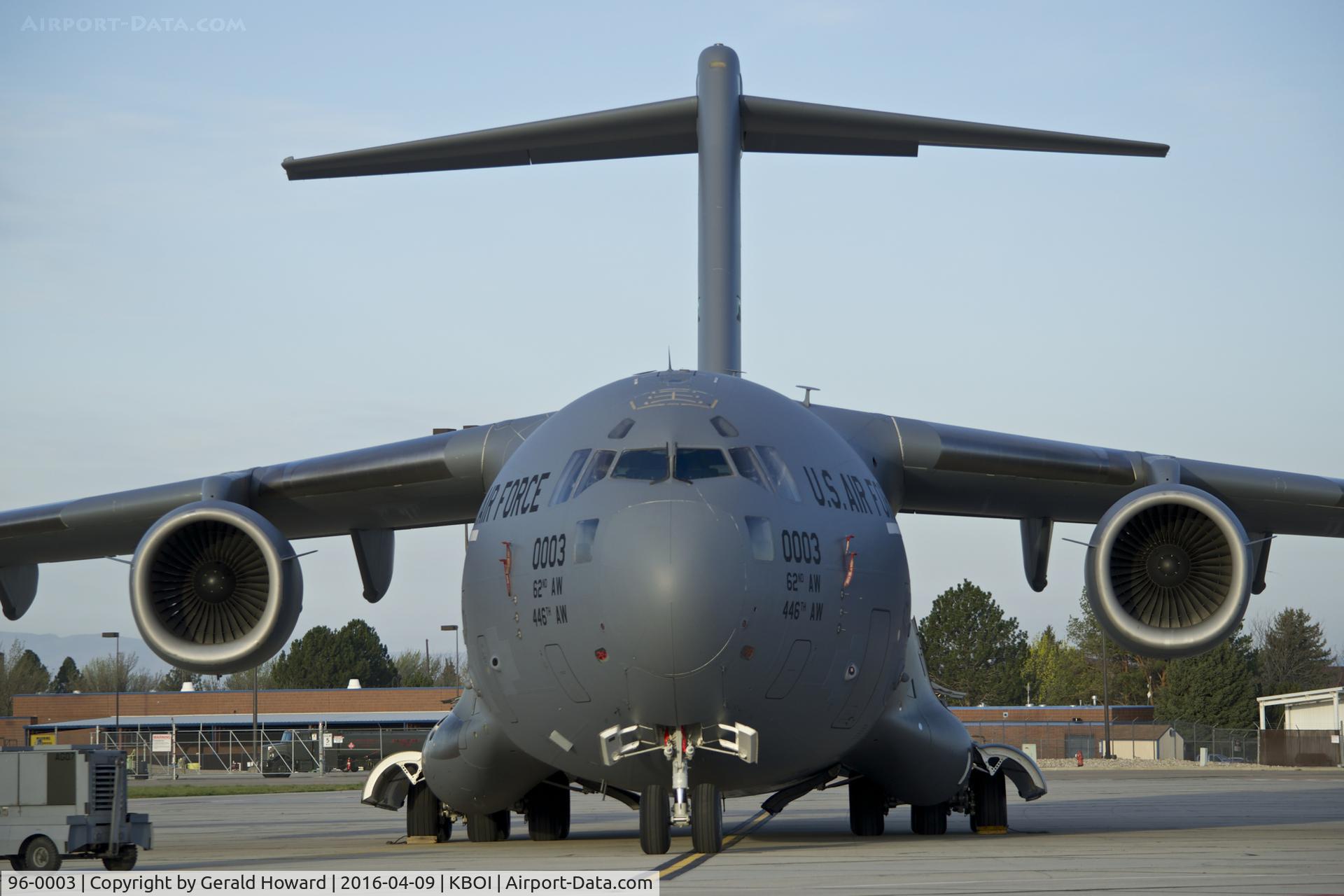 96-0003, 1996 McDonnell Douglas C-17A Globemaster III C/N P-35, Parked on Idaho ANG ramp to assist in Middle East deployment. 62nd AW (446th AW) McChord AFB, WA.